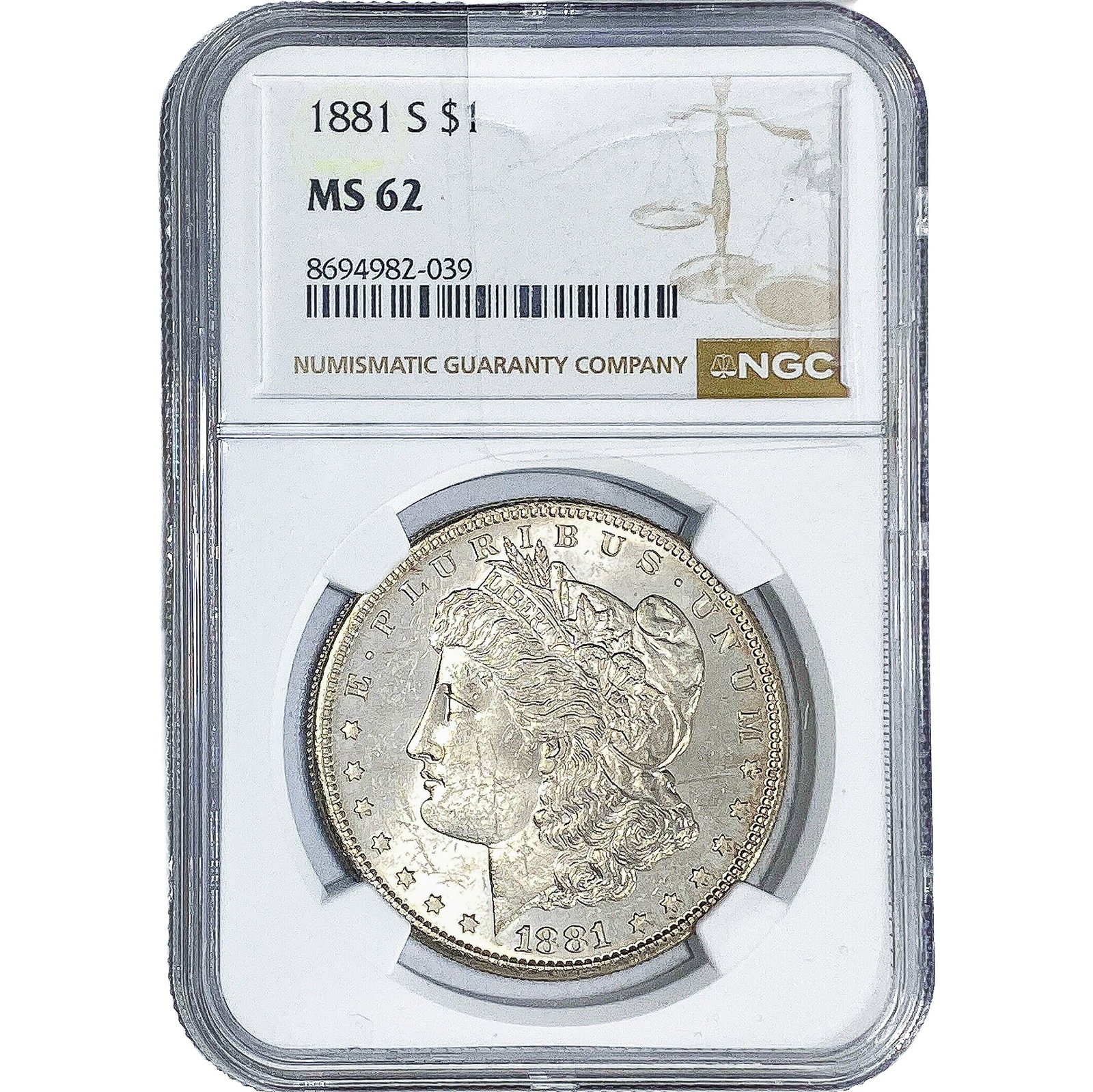 1881-S Morgan Silver Dollar NGC MS62: 1881-S Morgan Silver Dollar NGC MS62