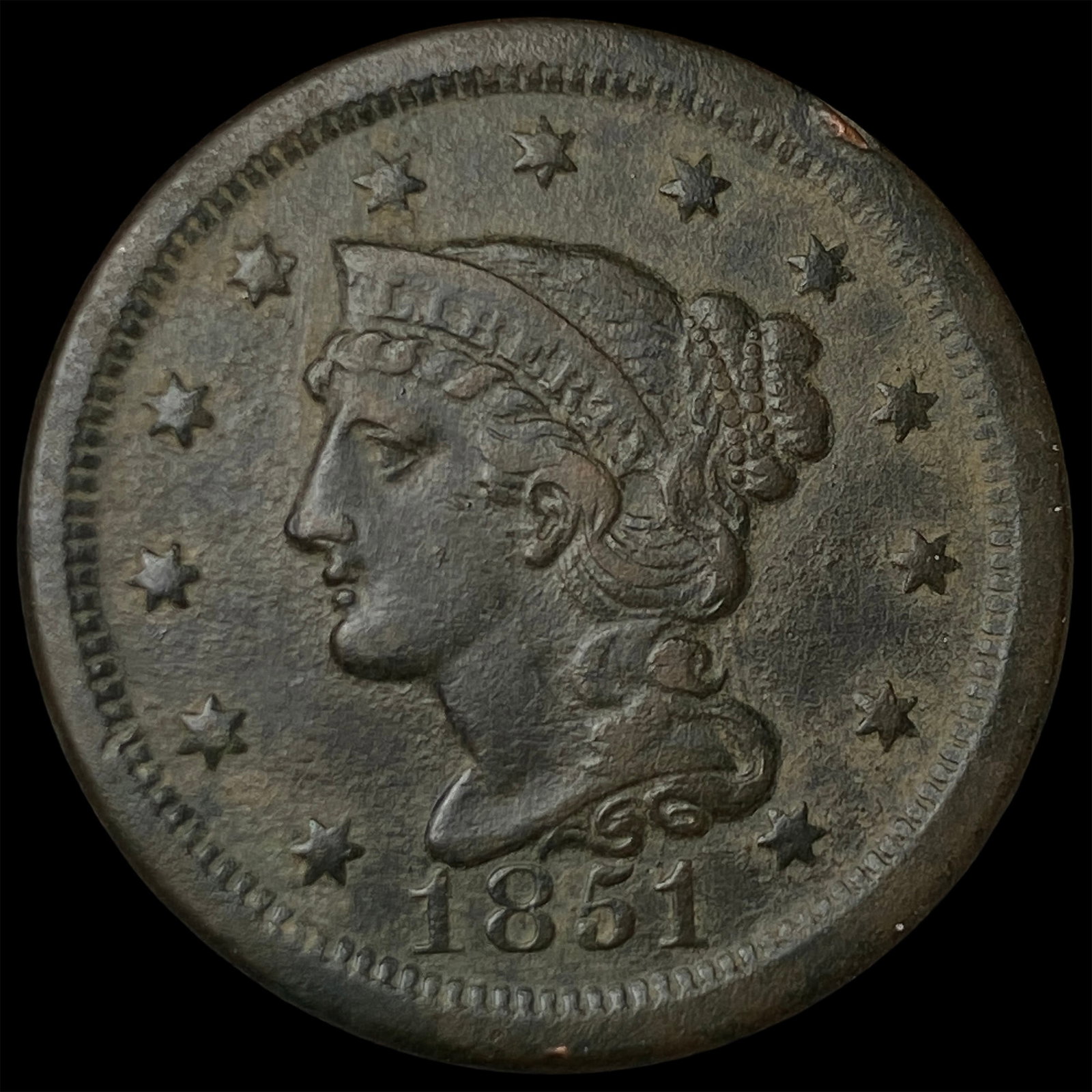 1851 Braided Hair Large Cent HIGH GRADE: 1851 Braided Hair Large Cent HIGH GRADE