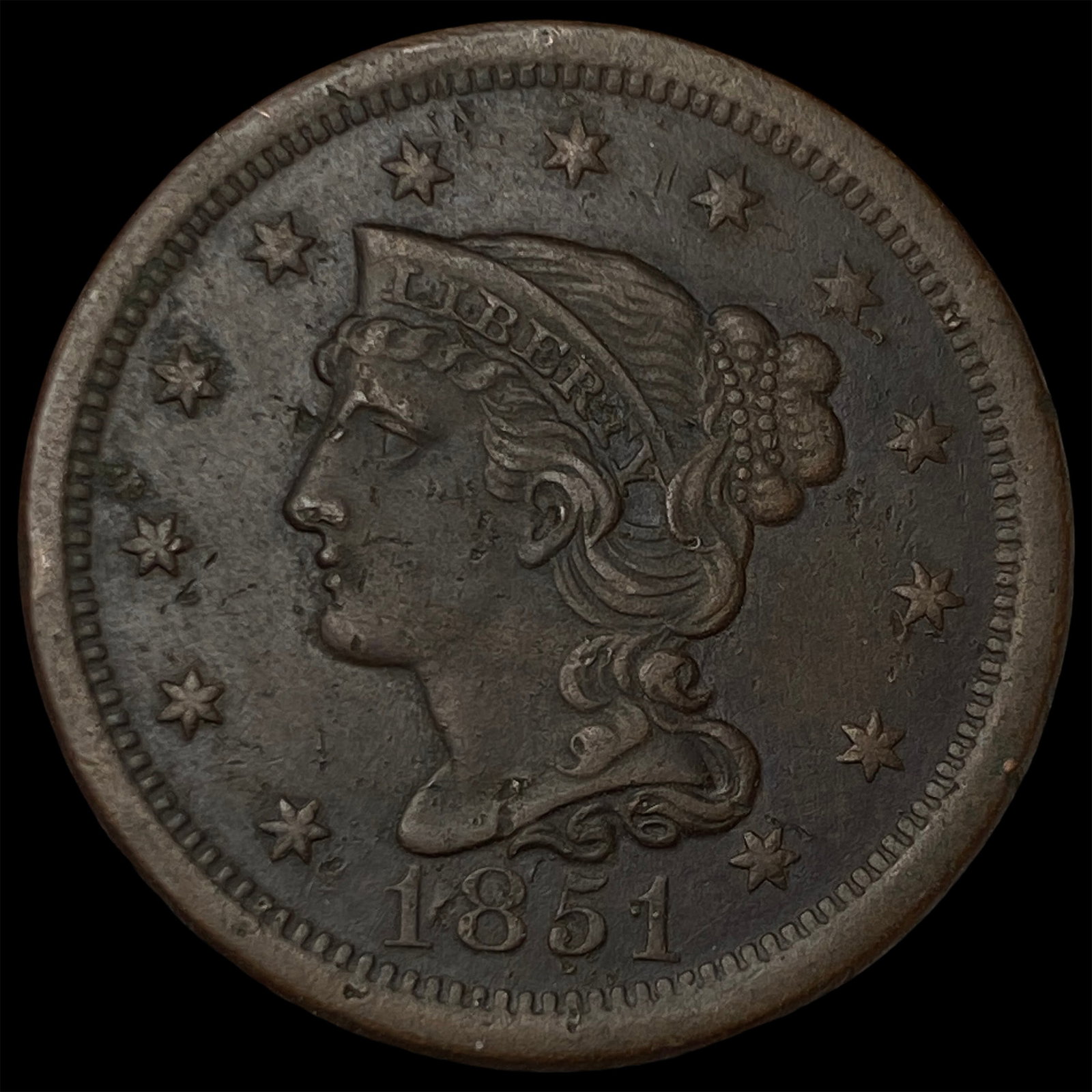 1851 Braided Hair Large Cent CLOSELY UNCIRCULATED: 1851 Braided Hair Large Cent CLOSELY UNCIRCULATED