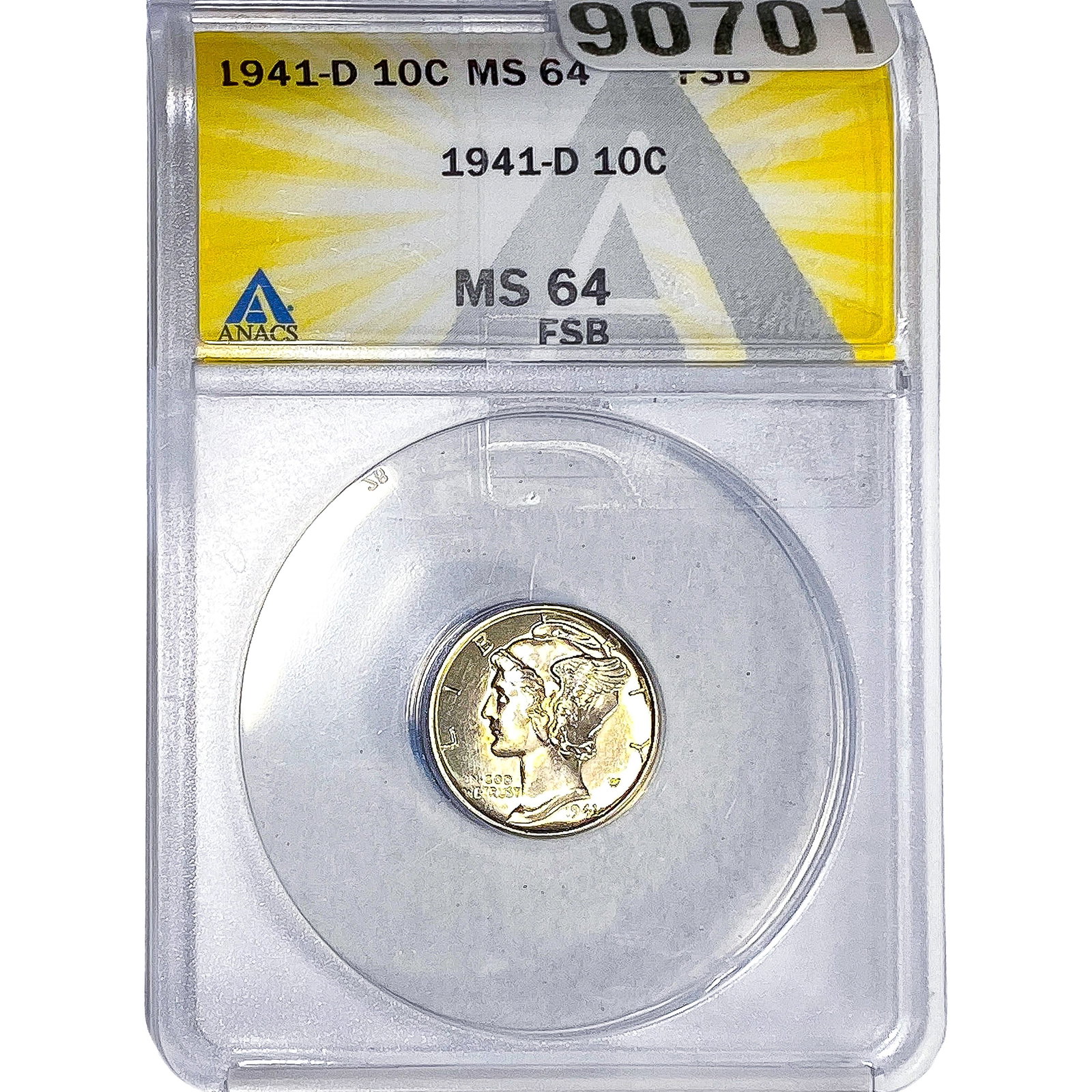 1941-D Mercury Silver Dime ANACS MS64 FSB: 1941-D Mercury Silver Dime ANACS MS64 FSB