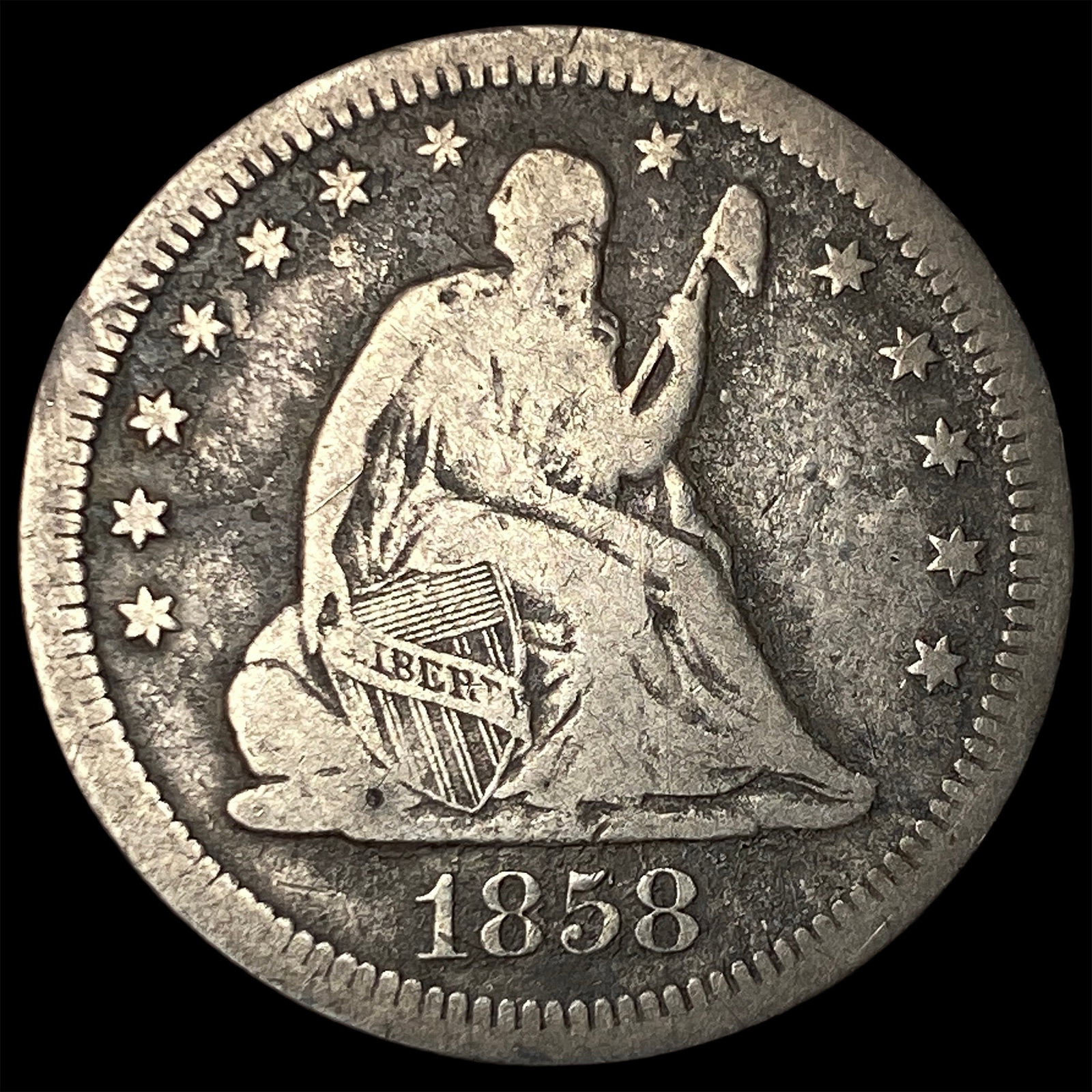 1858-S Silver Seated Liberty Quarter NICELY CIRCULATED: 1858-S Silver Seated Liberty Quarter NICELY CIRCULATED