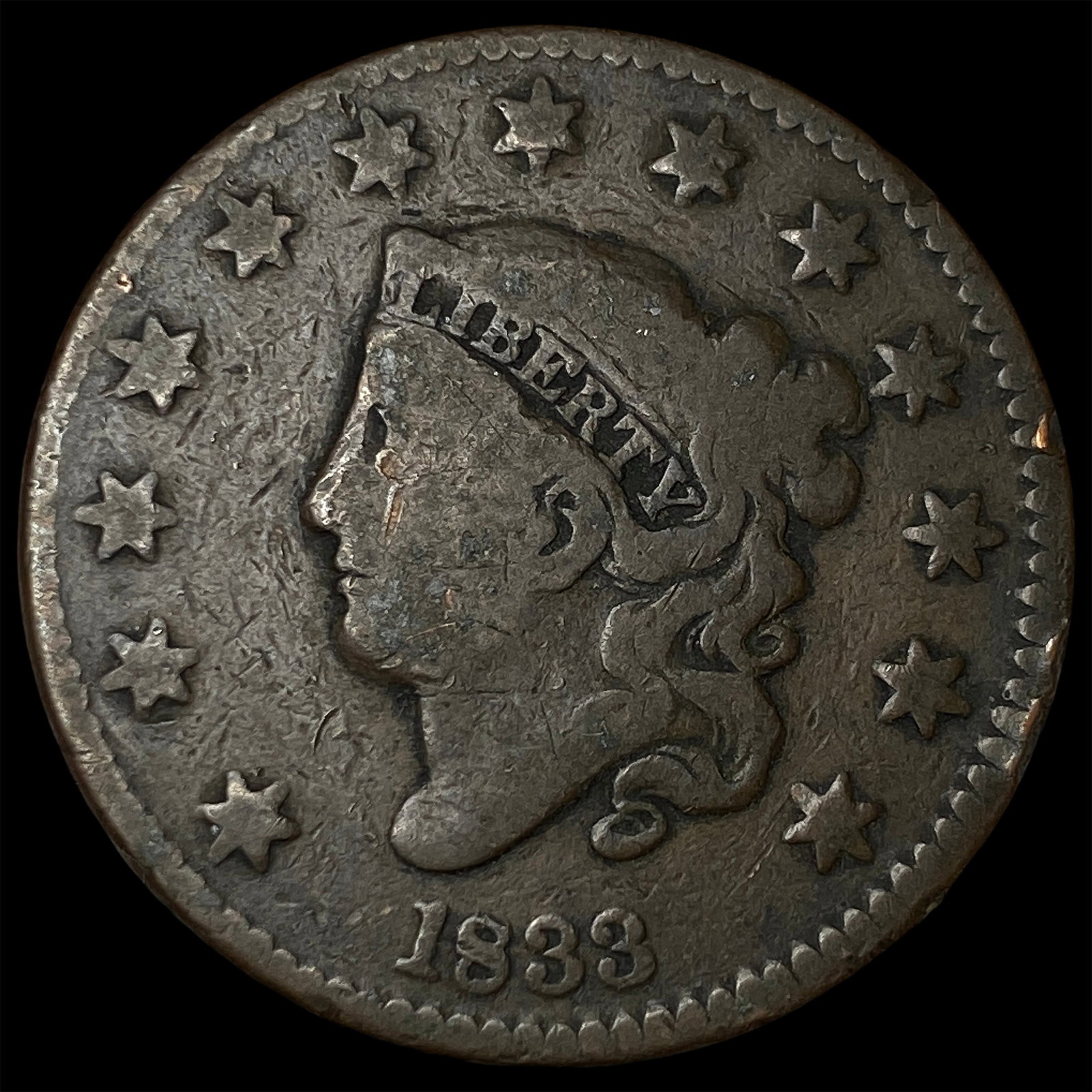 1833 Coronet Head Large Cent NICELY CIRCULATED: 1833 Coronet Head Large Cent NICELY CIRCULATED