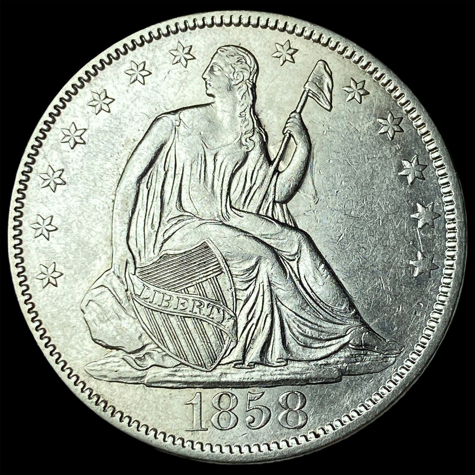 1858 Seated Liberty Half Dollar CLOSELY UNCIRCULATED: 1858 Seated Liberty Half Dollar CLOSELY UNCIRCULATED