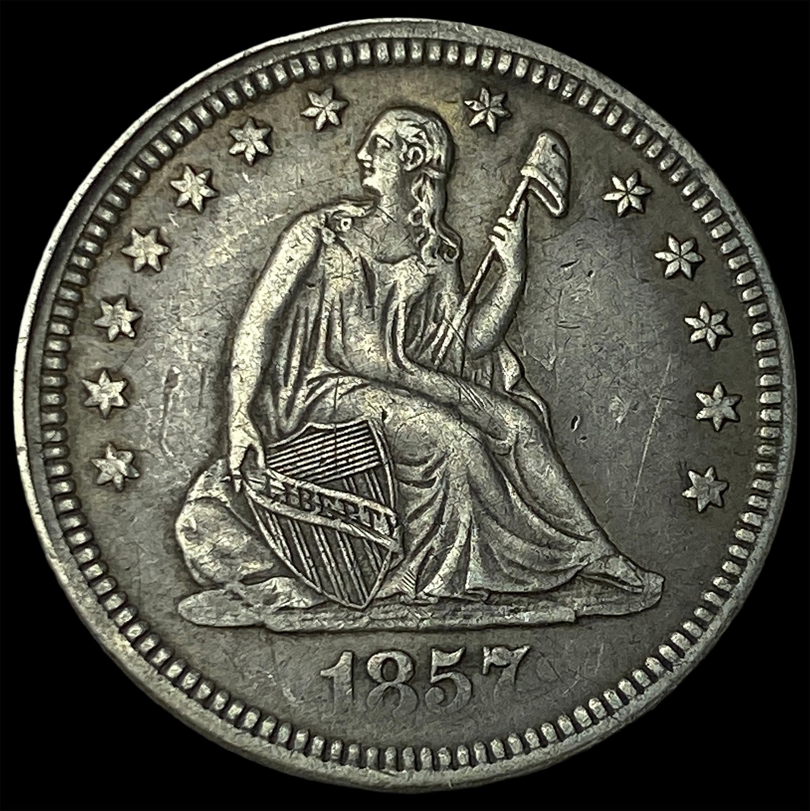1857 Seated Liberty Silver Quarter NEARLY UNCIRCULATED: 1857 Seated Liberty Silver Quarter NEARLY UNCIRCULATED