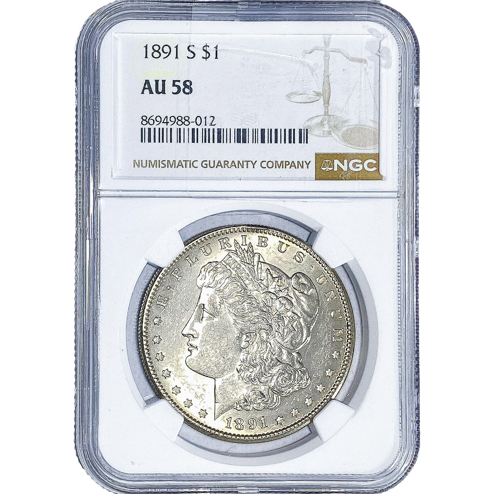 1891-S Morgan Silver Dollar NGC AU58: 1891-S Morgan Silver Dollar NGC AU58