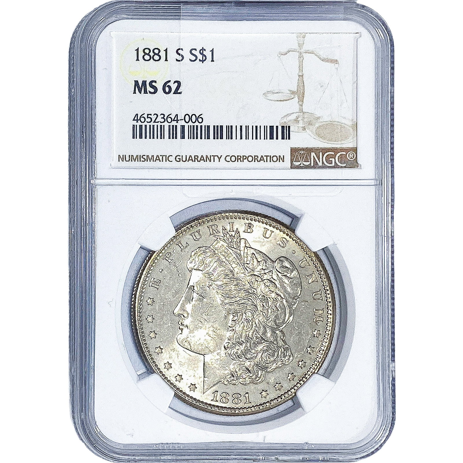 1881-S Morgan Silver Dollar NGC MS62: 1881-S Morgan Silver Dollar NGC MS62