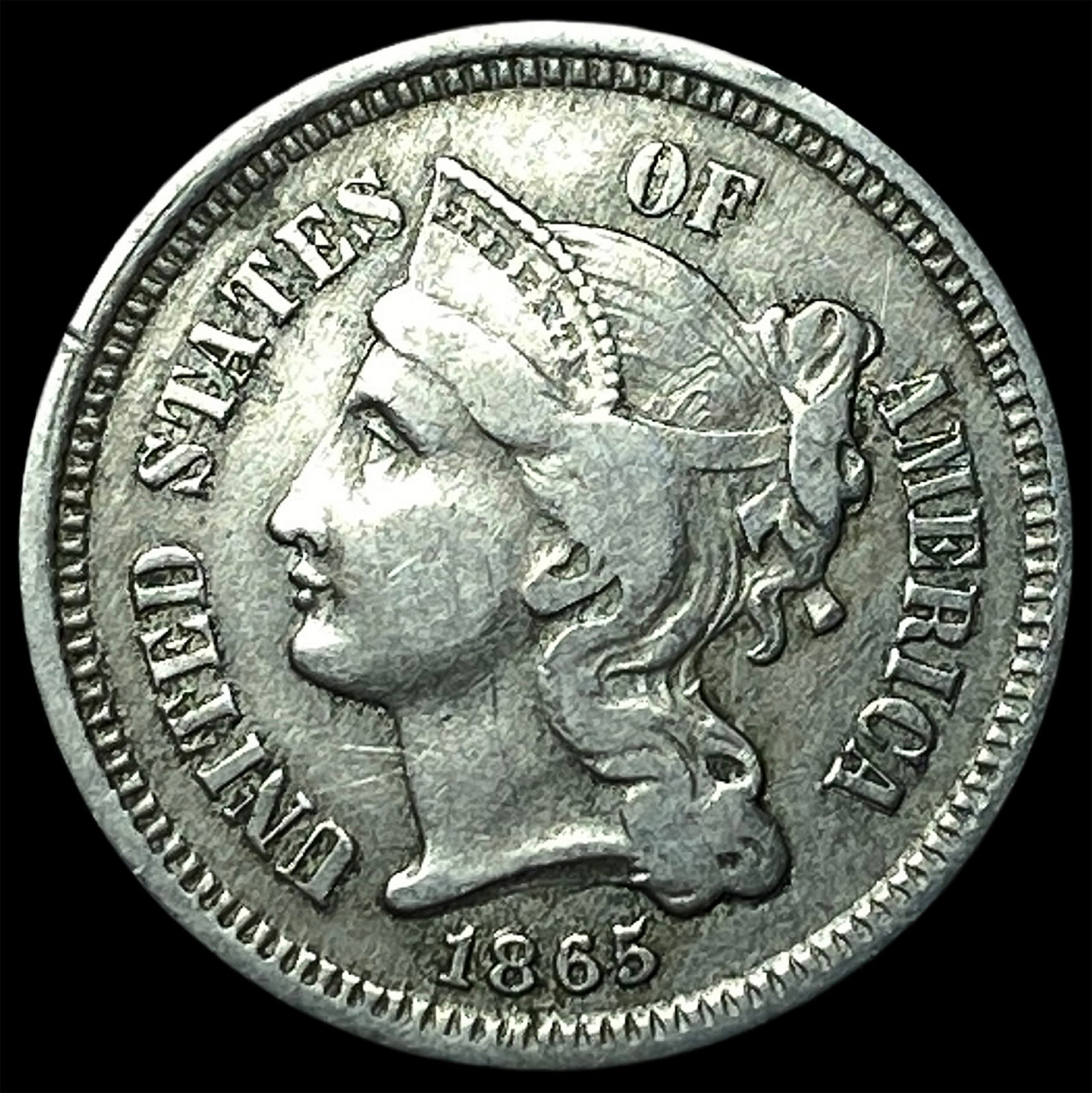 1865 Nickel Three-Cent Piece ABOUT UNCIRCULATED: 1865 Nickel Three-Cent Piece ABOUT UNCIRCULATED