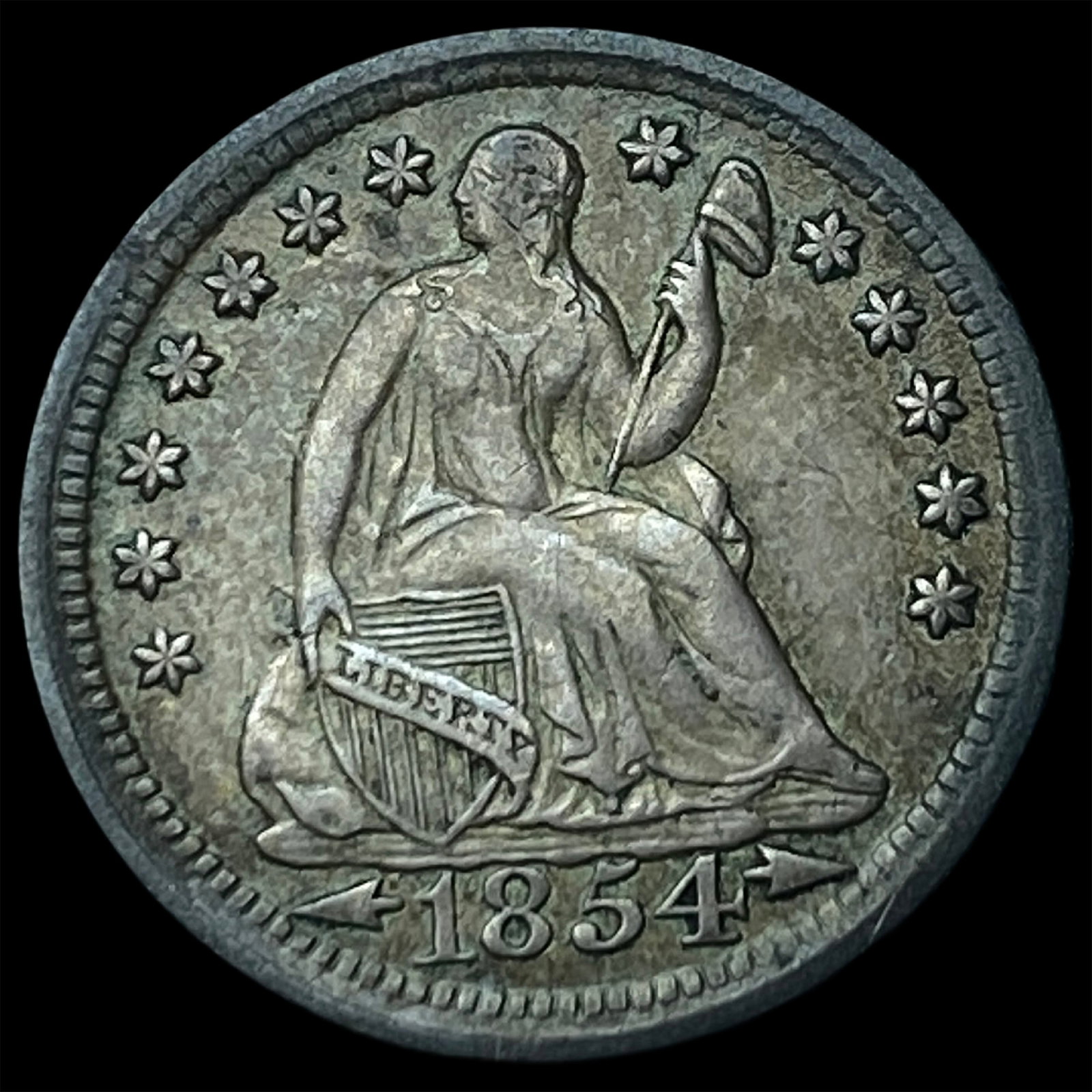 1854 Arrows Seated Liberty Half Dime NEARLY UNCIRCULATED: 1854 Arrows Seated Liberty Half Dime NEARLY UNCIRCULATED