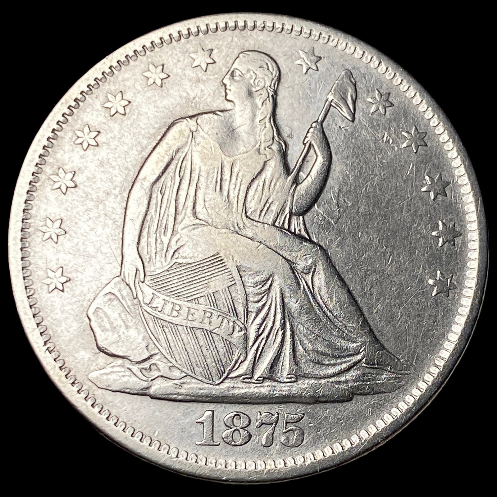 1875-S Silver Seated Liberty Half Dollar NEARLY UNCIRCULATED: 1875-S Silver Seated Liberty Half Dollar NEARLY UNCIRCULATED