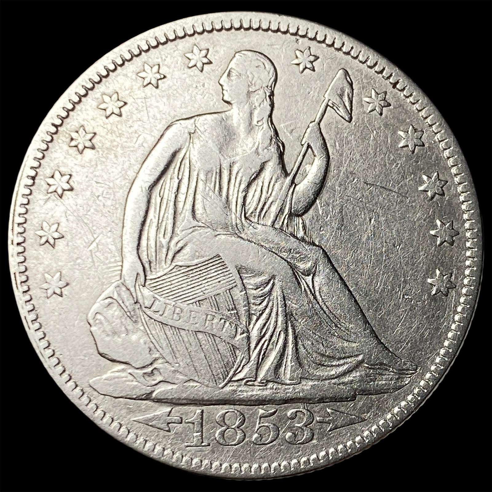 1853 Arrows/Rays Seated Liberty Half Dollar NEARLY UNCIRCULATED: 1853 Arrows/Rays Seated Liberty Half Dollar NEARLY UNCIRCULATED