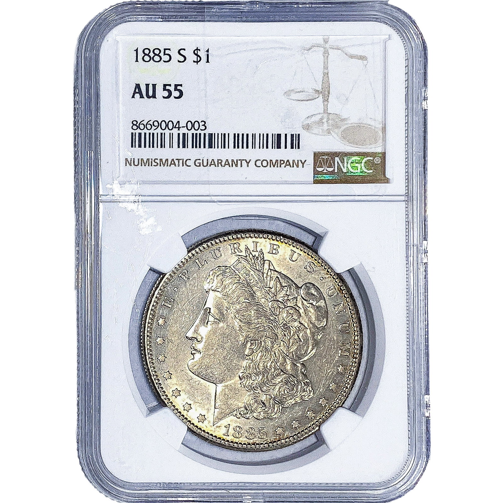 1885-S Morgan Silver Dollar NGC AU55: 1885-S Morgan Silver Dollar NGC AU55