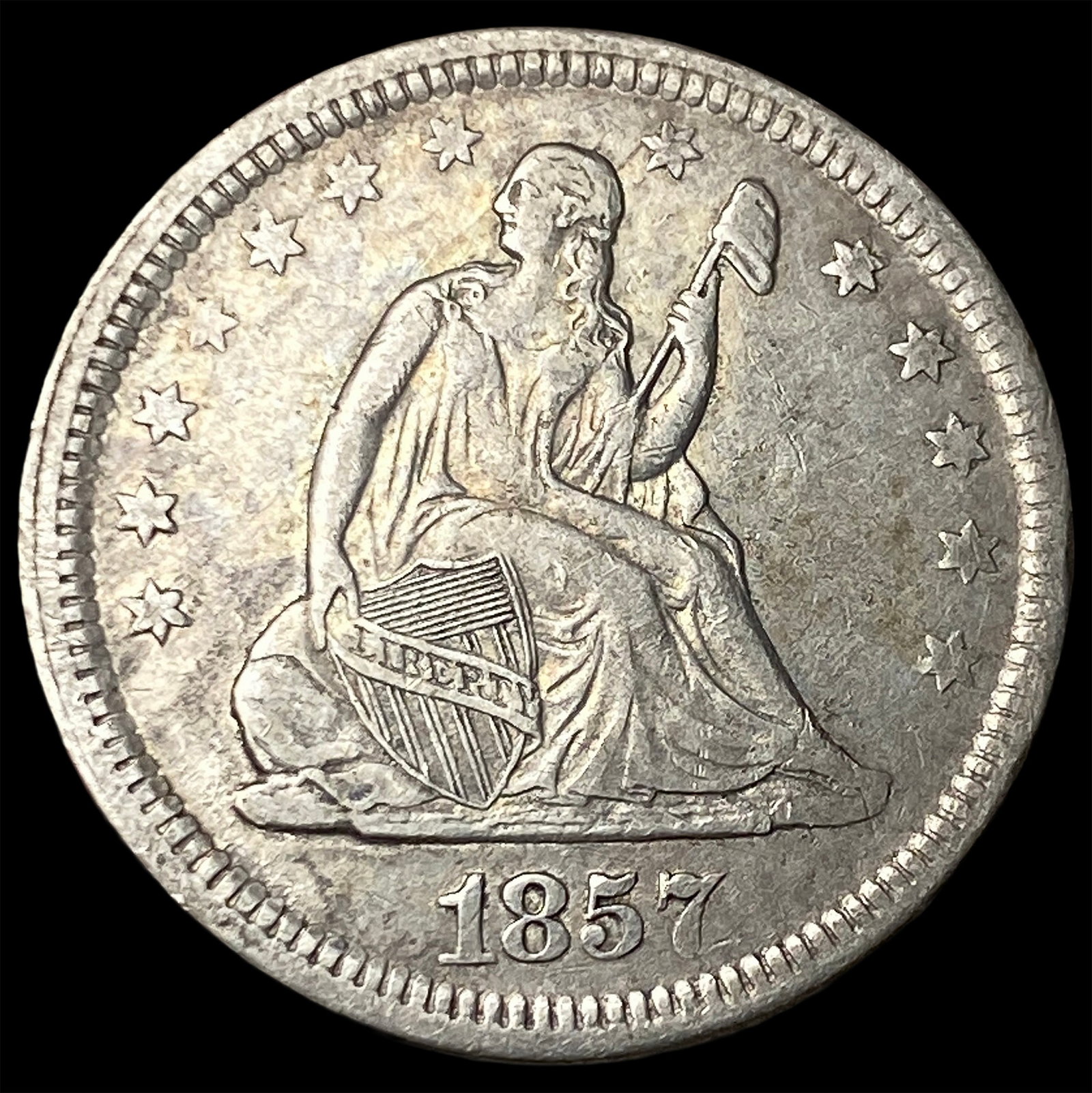 1857 Silver Seated Liberty Quarter NEARLY UNCIRCULATED: 1857 Silver Seated Liberty Quarter NEARLY UNCIRCULATED
