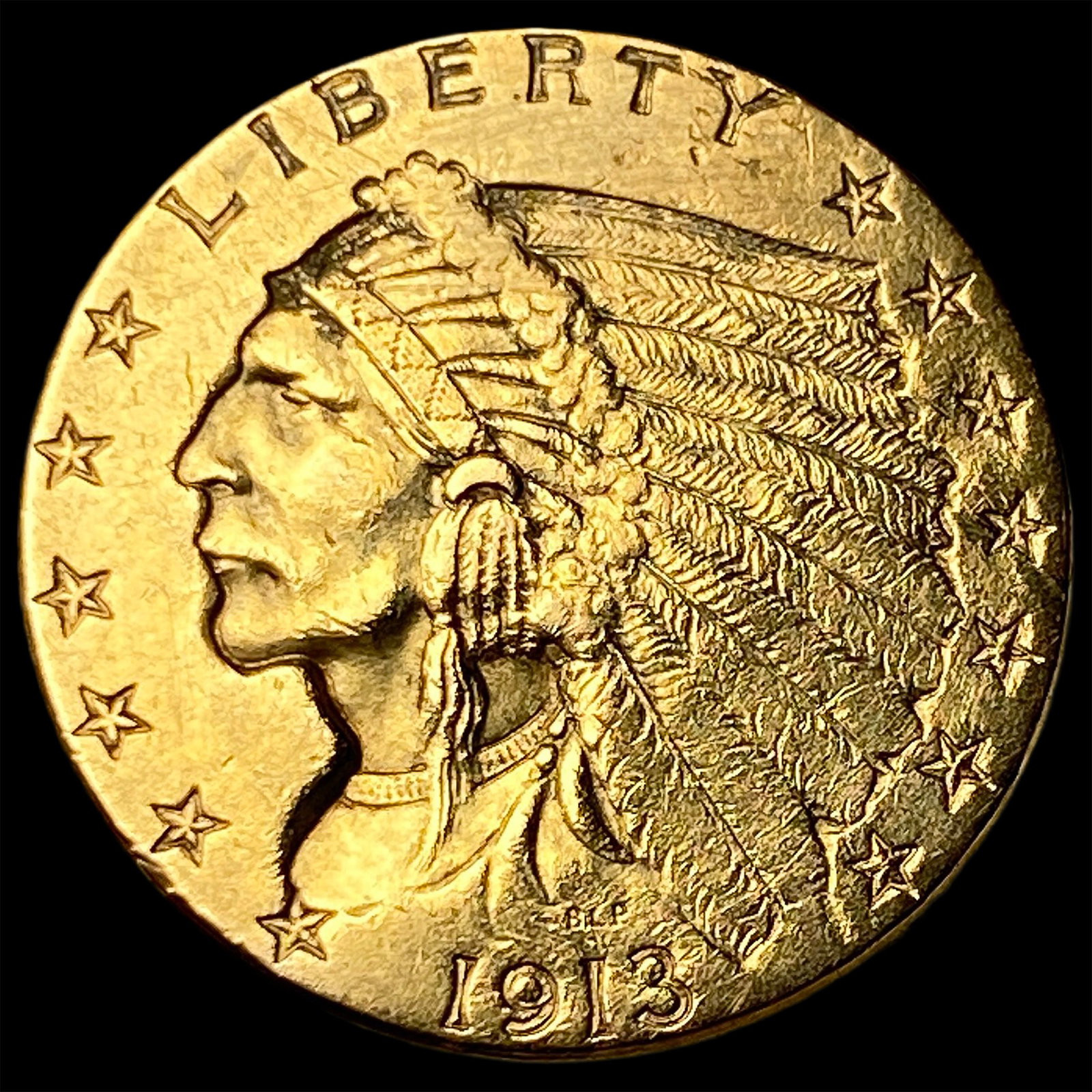 1913 Indian Head Gold $2.50 Quarter Eagle CLOSELY UNCIRCULATED: 1913 Indian Head Gold $2.50 Quarter Eagle CLOSELY UNCIRCULATED