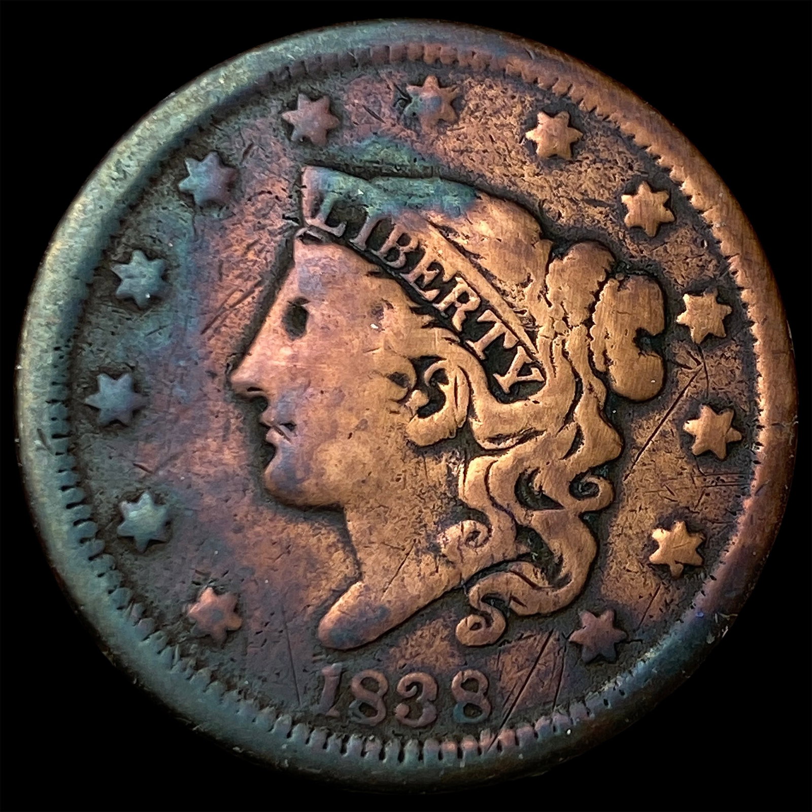 1838 Coronet Head Large Cent NICELY CIRCULATED: 1838 Coronet Head Large Cent NICELY CIRCULATED