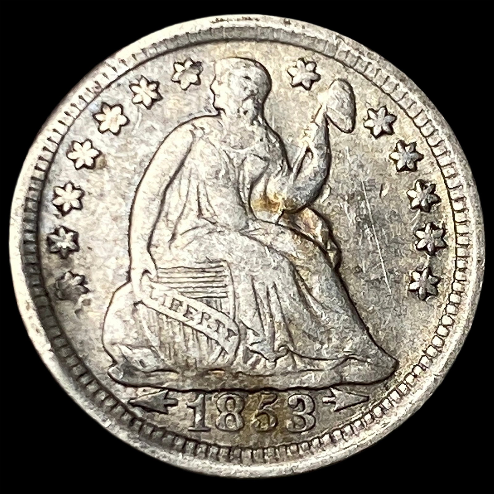 1853 Arrows Seated Liberty Half Dime NEARLY UNCIRCULATED: 1853 Arrows Seated Liberty Half Dime NEARLY UNCIRCULATED