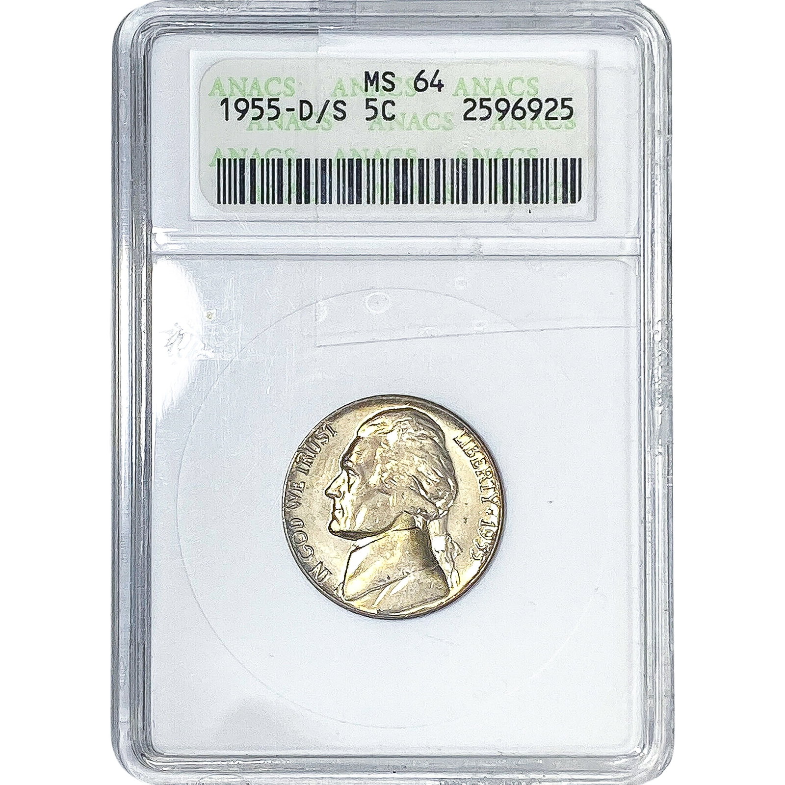 1955-D/S Jefferson Nickel ANACS MS64: 1955-D/S Jefferson Nickel ANACS MS64