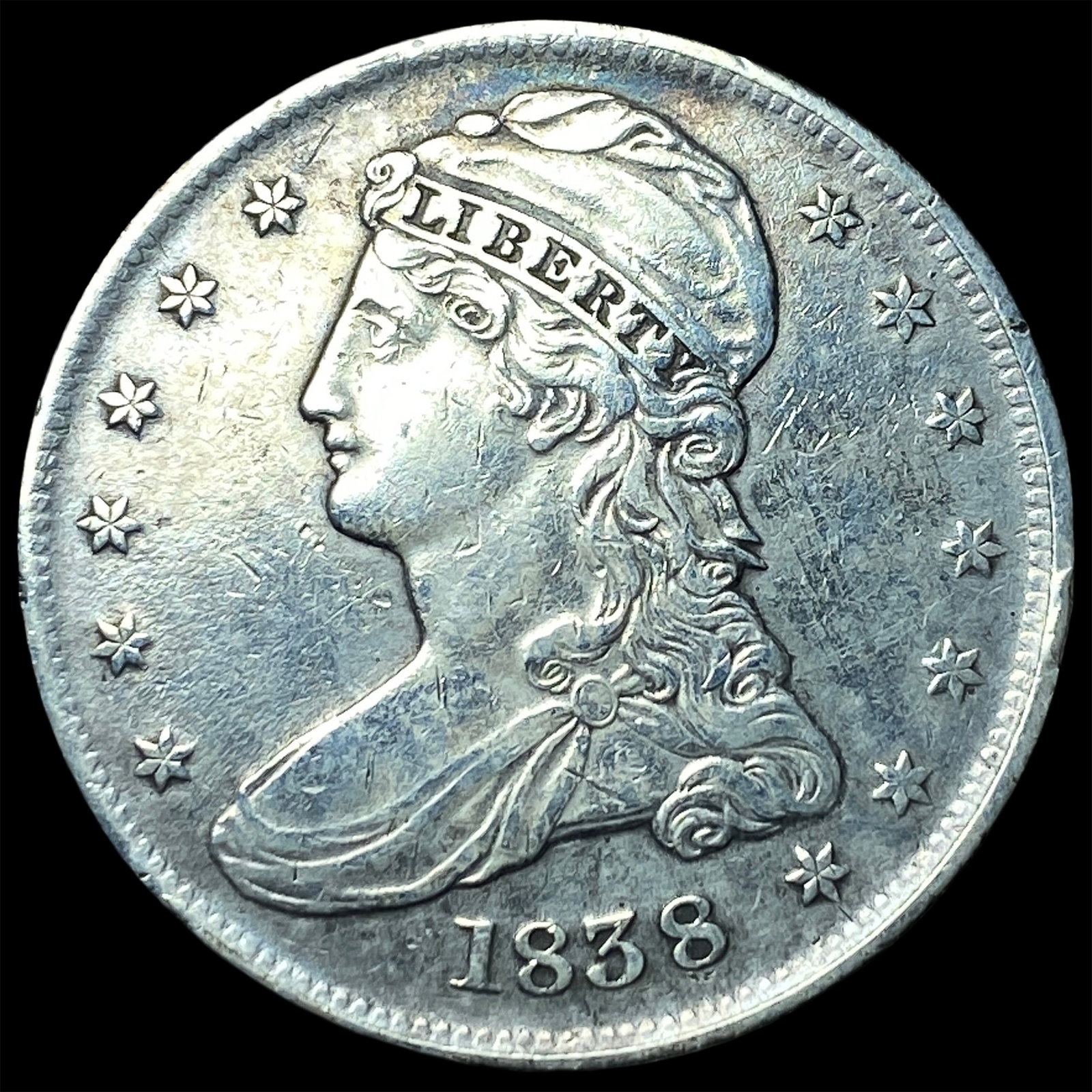 1838 Silver Half Dollar (Capped Bust) NEARLY UNCIRCULATED: 1838 Silver Half Dollar (Capped Bust) NEARLY UNCIRCULATED