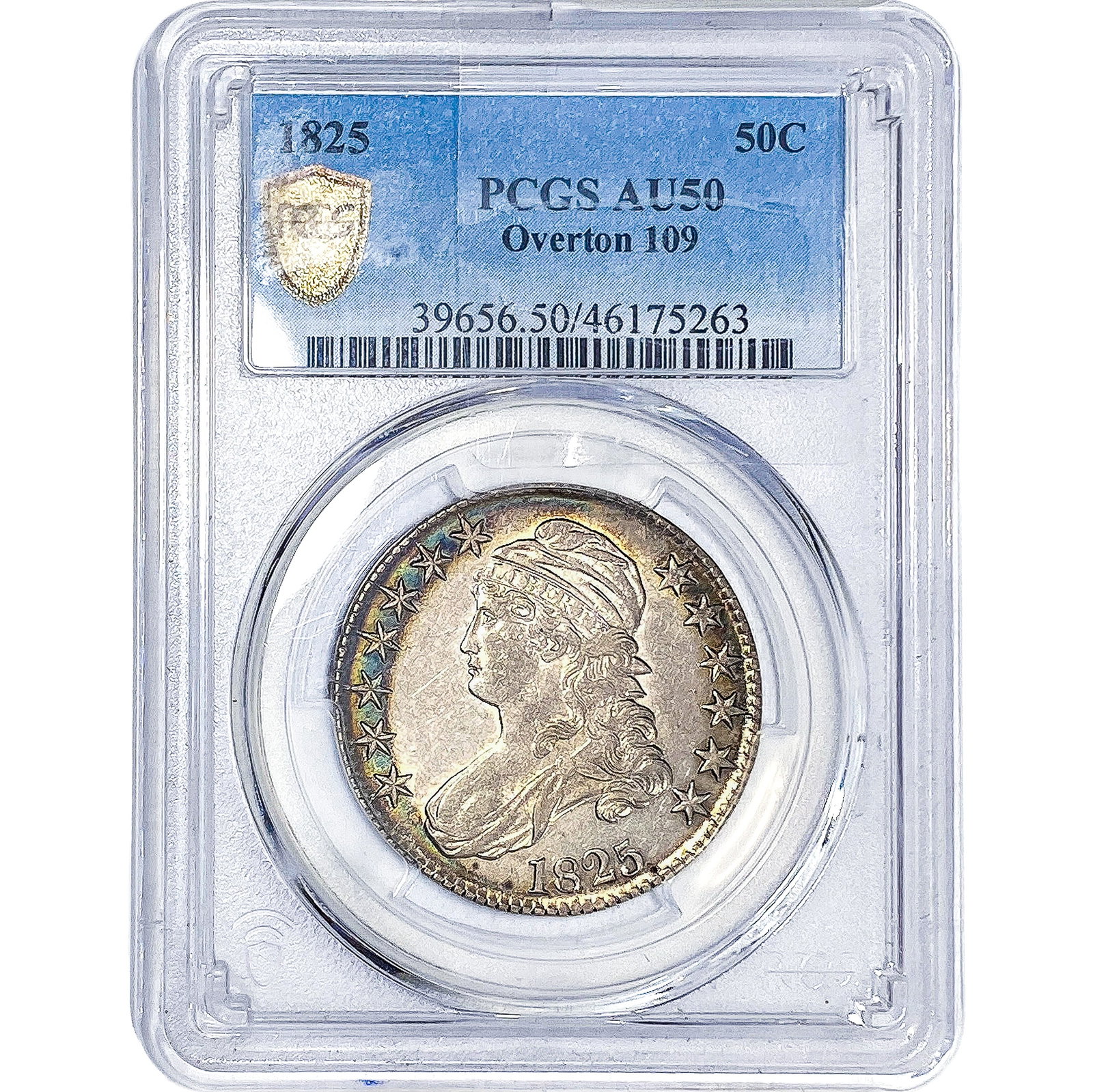 1825 Capped Bust Half Dollar PCGS AU50 Overtone 109: 1825 Capped Bust Half Dollar PCGS AU50 Overtone 109