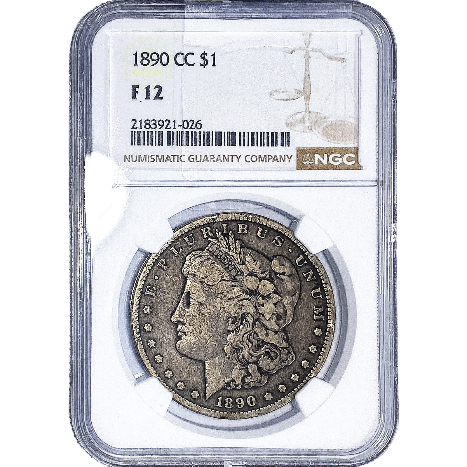 1890-CC Morgan Silver Dollar NGC F12: 1890-CC Morgan Silver Dollar NGC F12