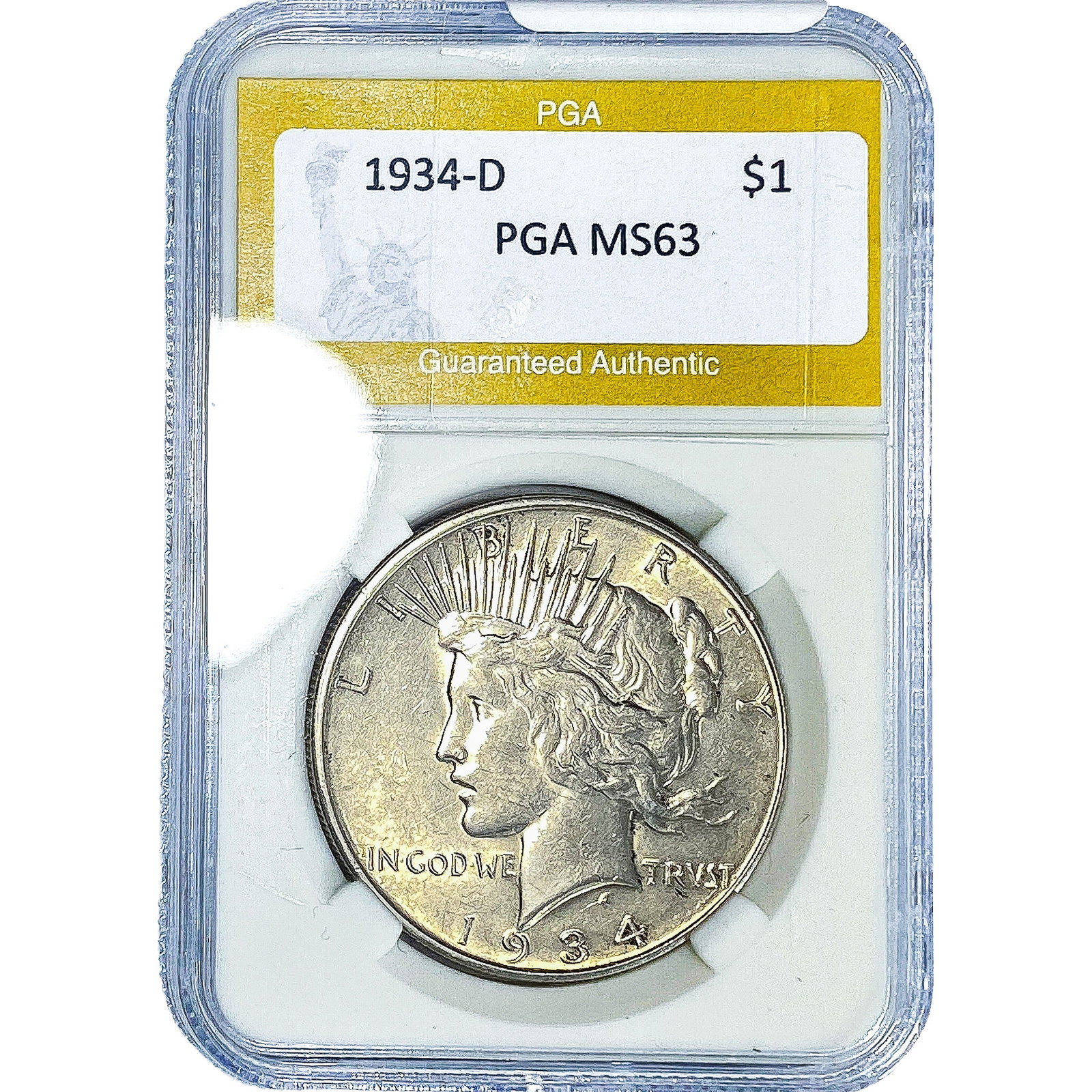 1934-D Silver Peace Dollar PGA MS63: 1934-D Silver Peace Dollar PGA MS63