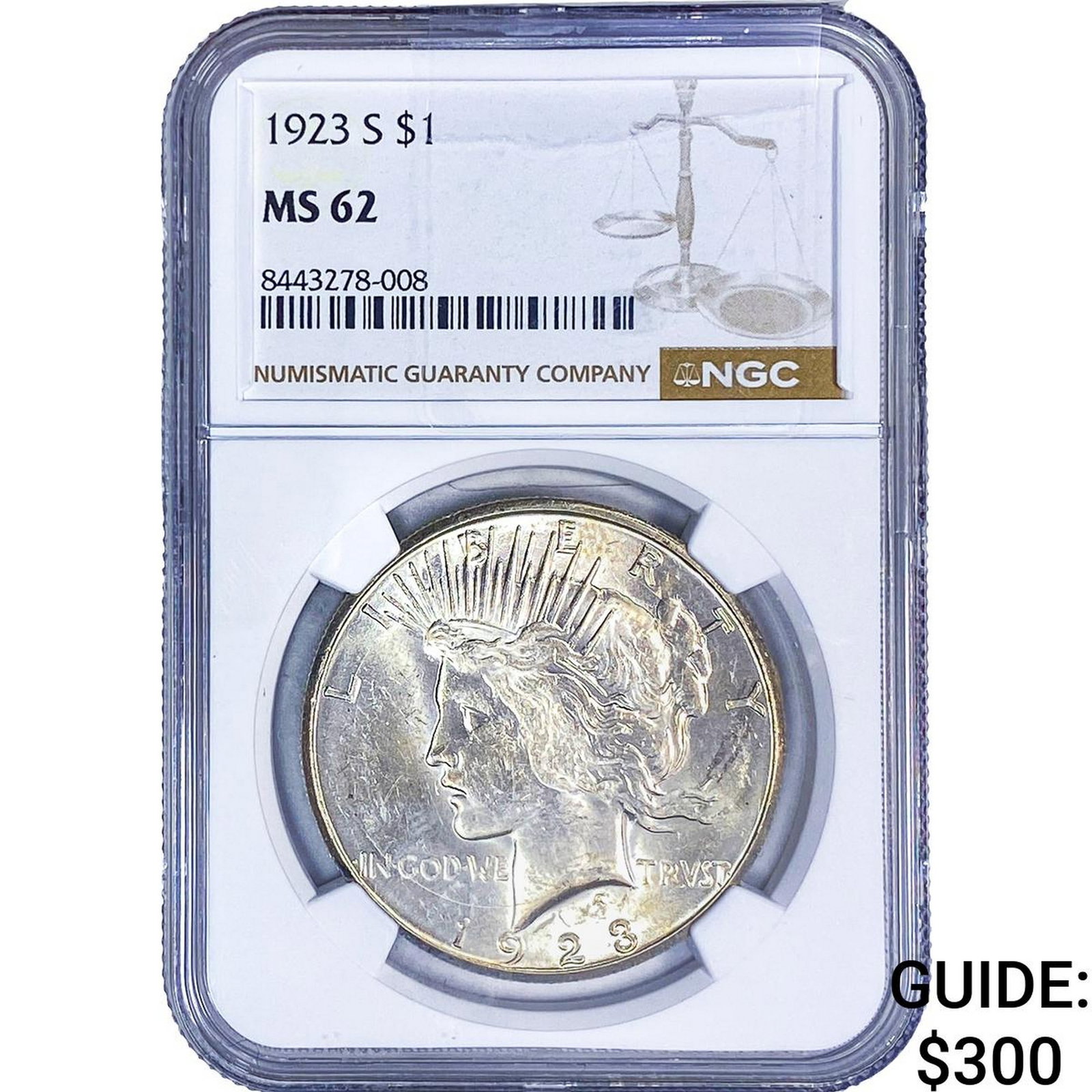 1923-S Silver Peace Dollar NGC MS62: 1923-S Silver Peace Dollar NGC MS62