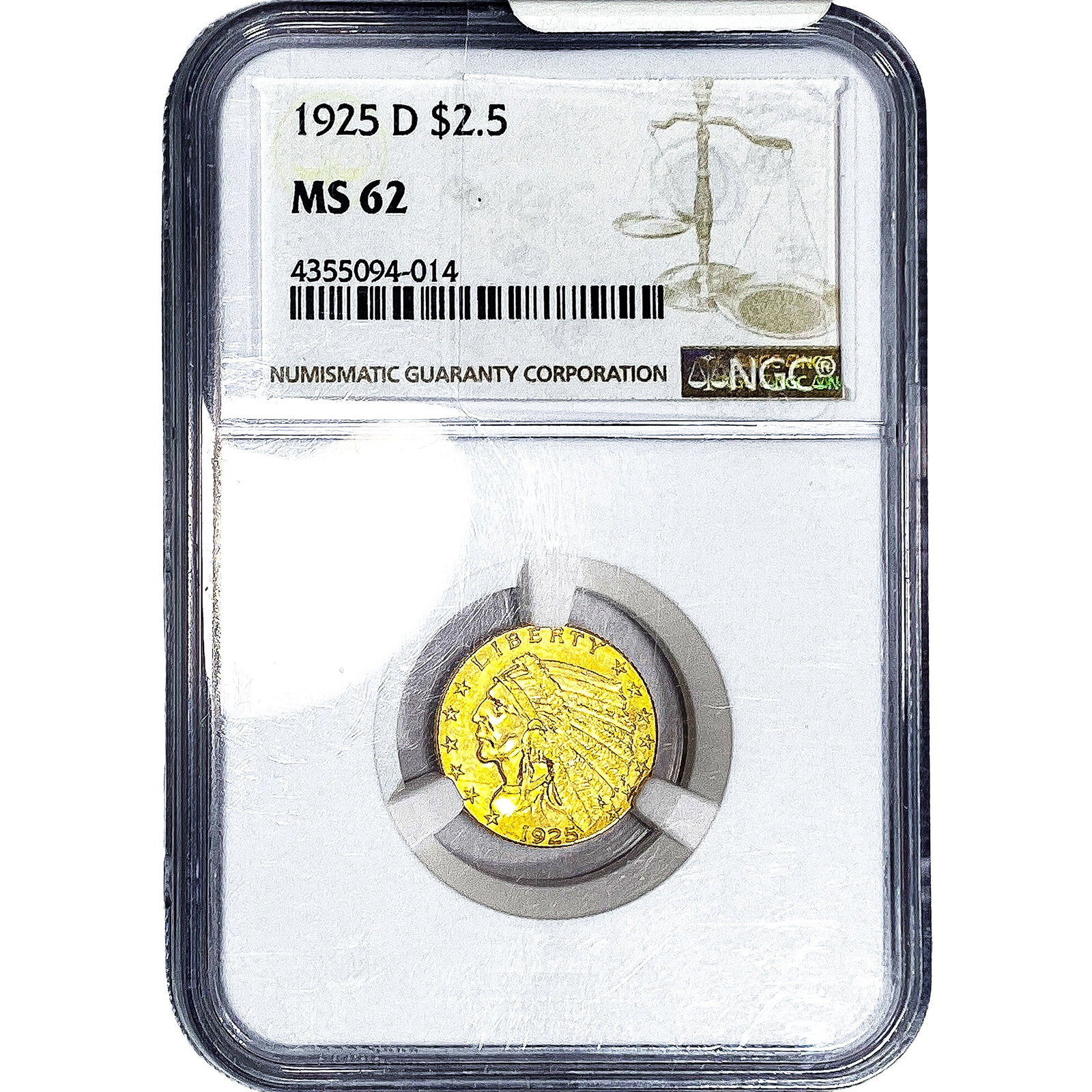 1925-D $2.50 Gold Quarter Eagle NGC MS62: 1925-D $2.50 Gold Quarter Eagle NGC MS62