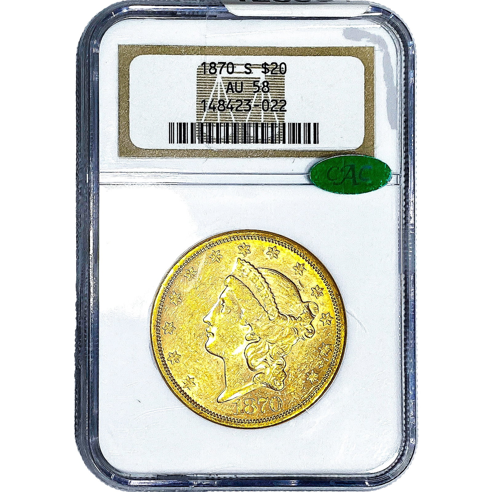 1870-S CAC $20 Gold Double Eagle NGC AU58 (1 of 4)