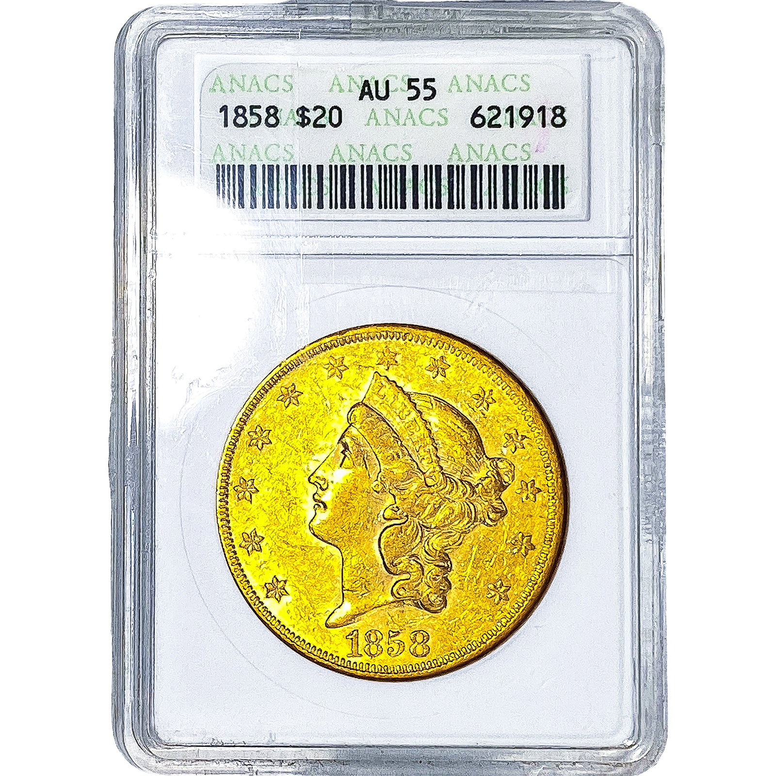 1858 $20 Gold Double Eagle ANACS AU55: 1858 $20 Gold Double Eagle ANACS AU55
