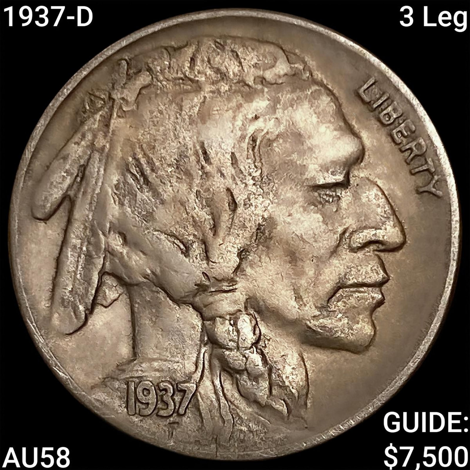 1937-D 3 Leg Buffalo Nickel CHOICE AU: 1937-D 3 Leg Buffalo Nickel CHOICE AU