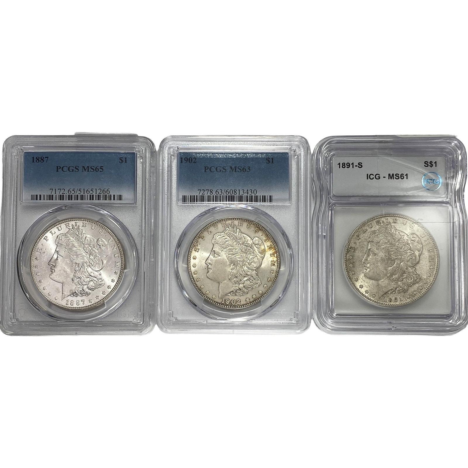 [3 Coins] 1887-1902 Morgan Silver Dollar PCGS MS61-65 (1 of 2)