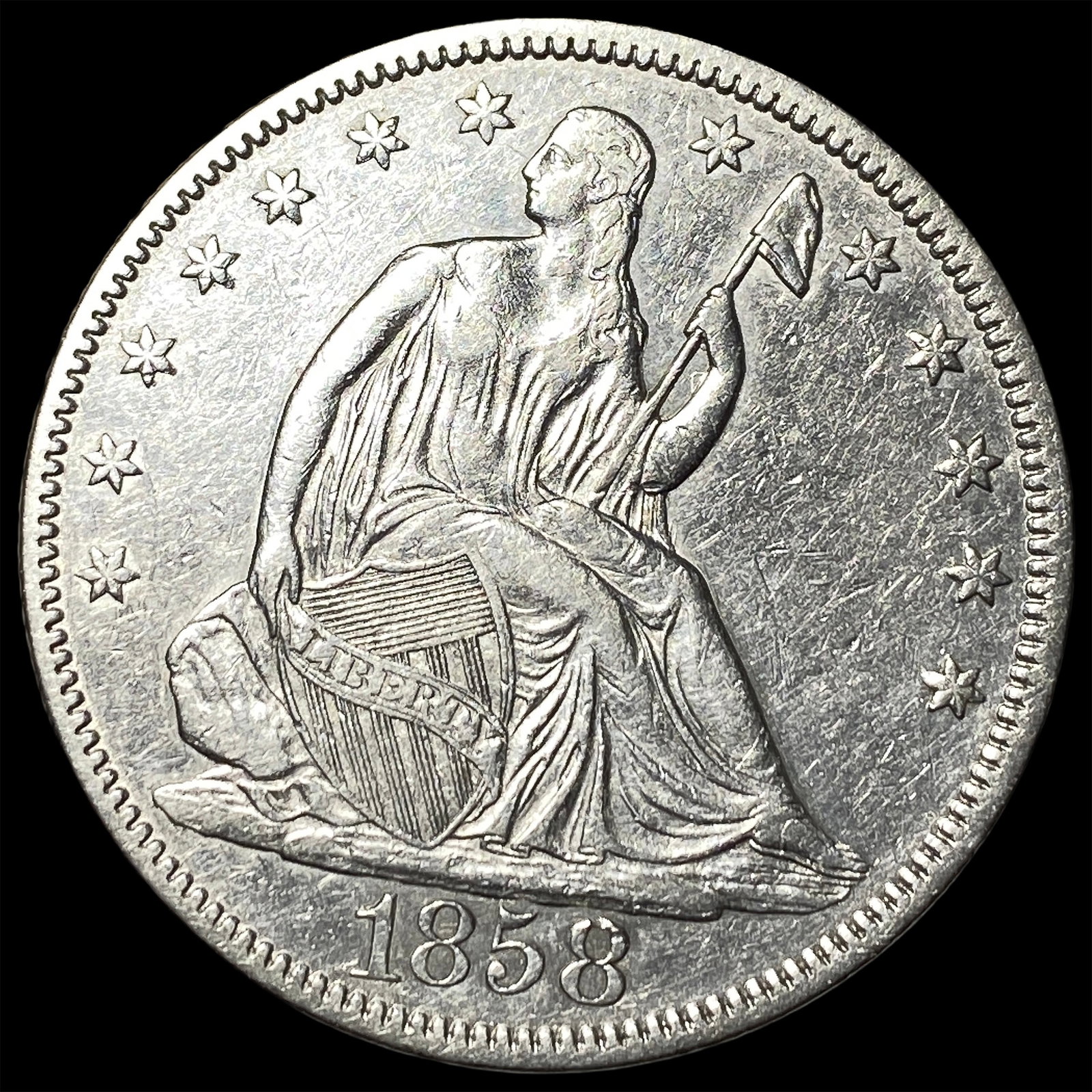1858 Seated Liberty Half Dollar ABOUT UNCIRCULATED (1 of 2)