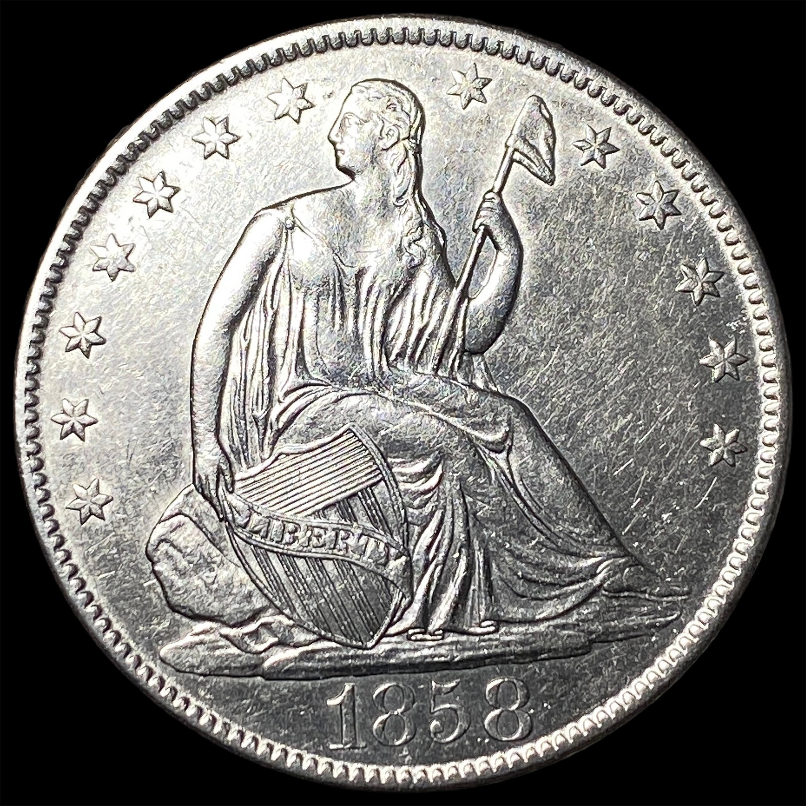 1858-O Silver Half Dollar CHOICE AU: 1858-O Silver Half Dollar CHOICE AU