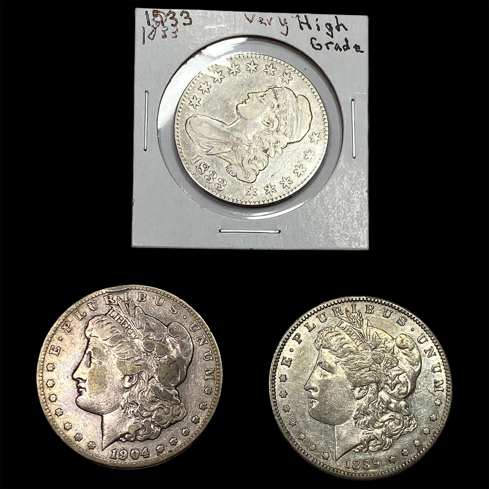 [3 Coins] 1833-1904 Silver Morgan $1s & Cap. Bust 50C (1 of 2)