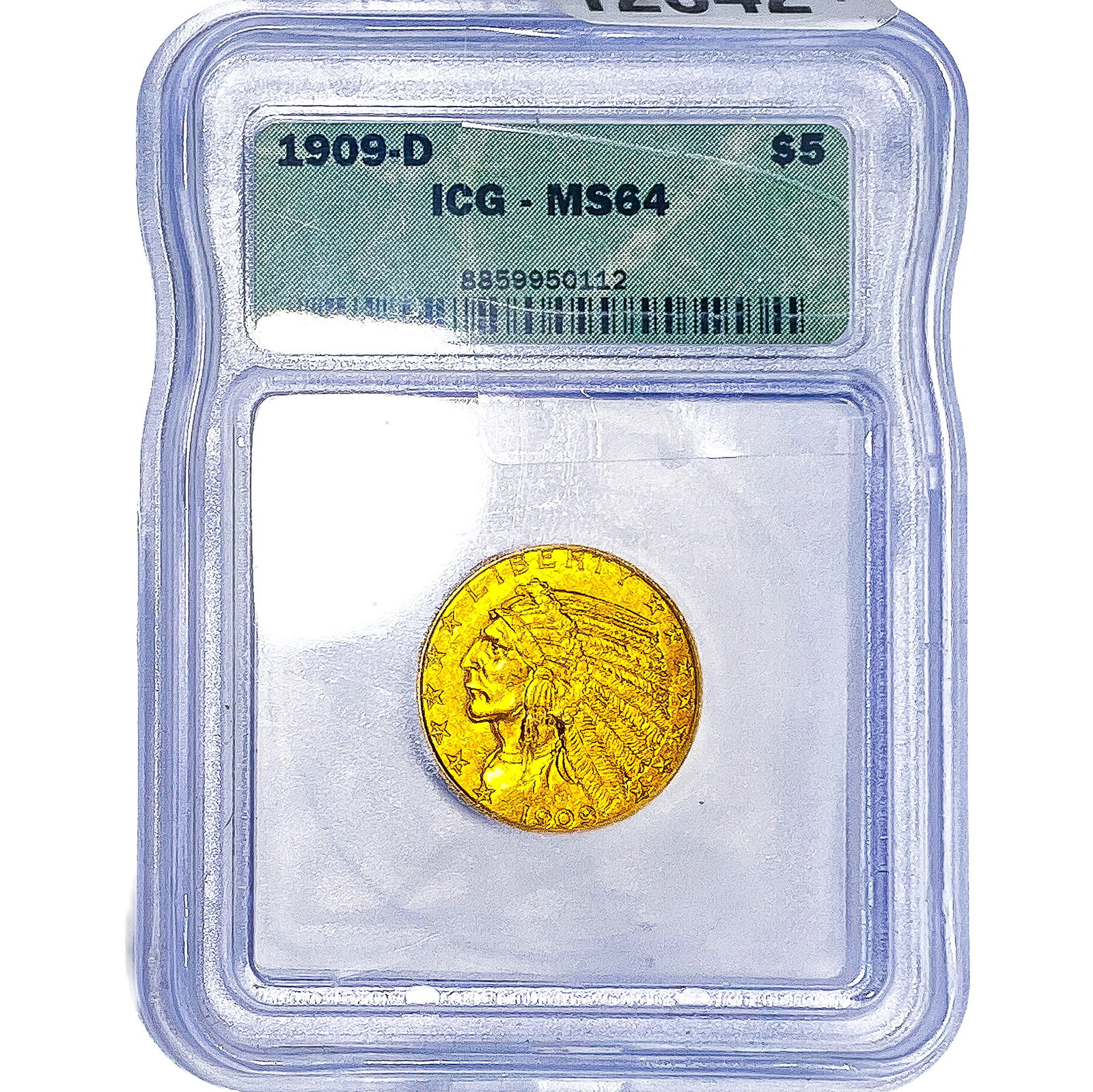 1909-D $5 Gold Half Eagle ICG MS64: 1909-D $5 Gold Half Eagle ICG MS64