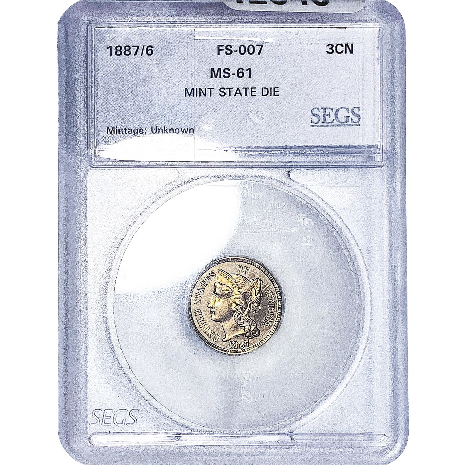 1887/6 Nickel Three Cent SEGS MS61: 1887/6 Nickel Three Cent SEGS MS61