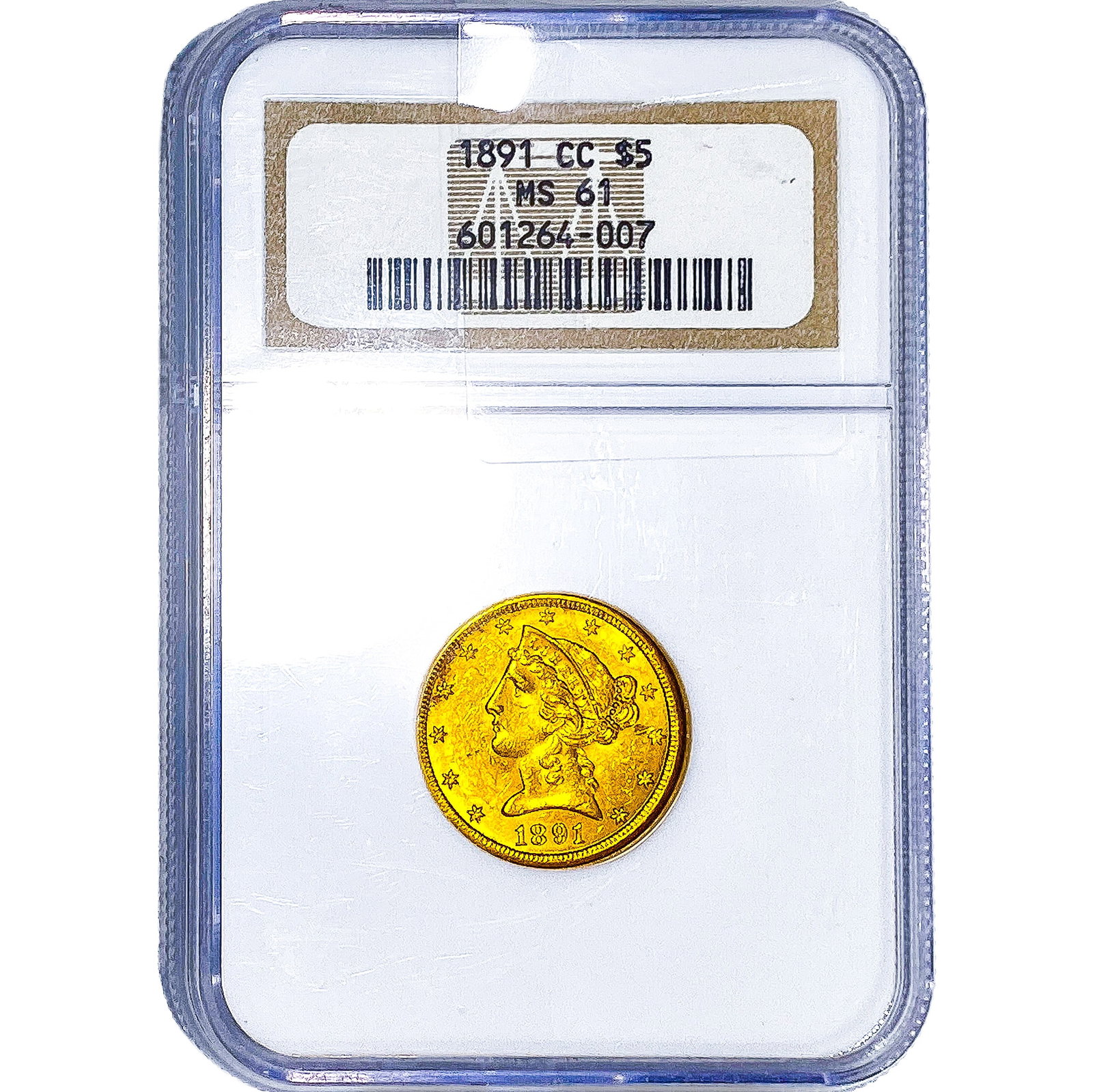 1891-CC $5 Gold Half Eagle NGC MS61: 1891-CC $5 Gold Half Eagle NGC MS61