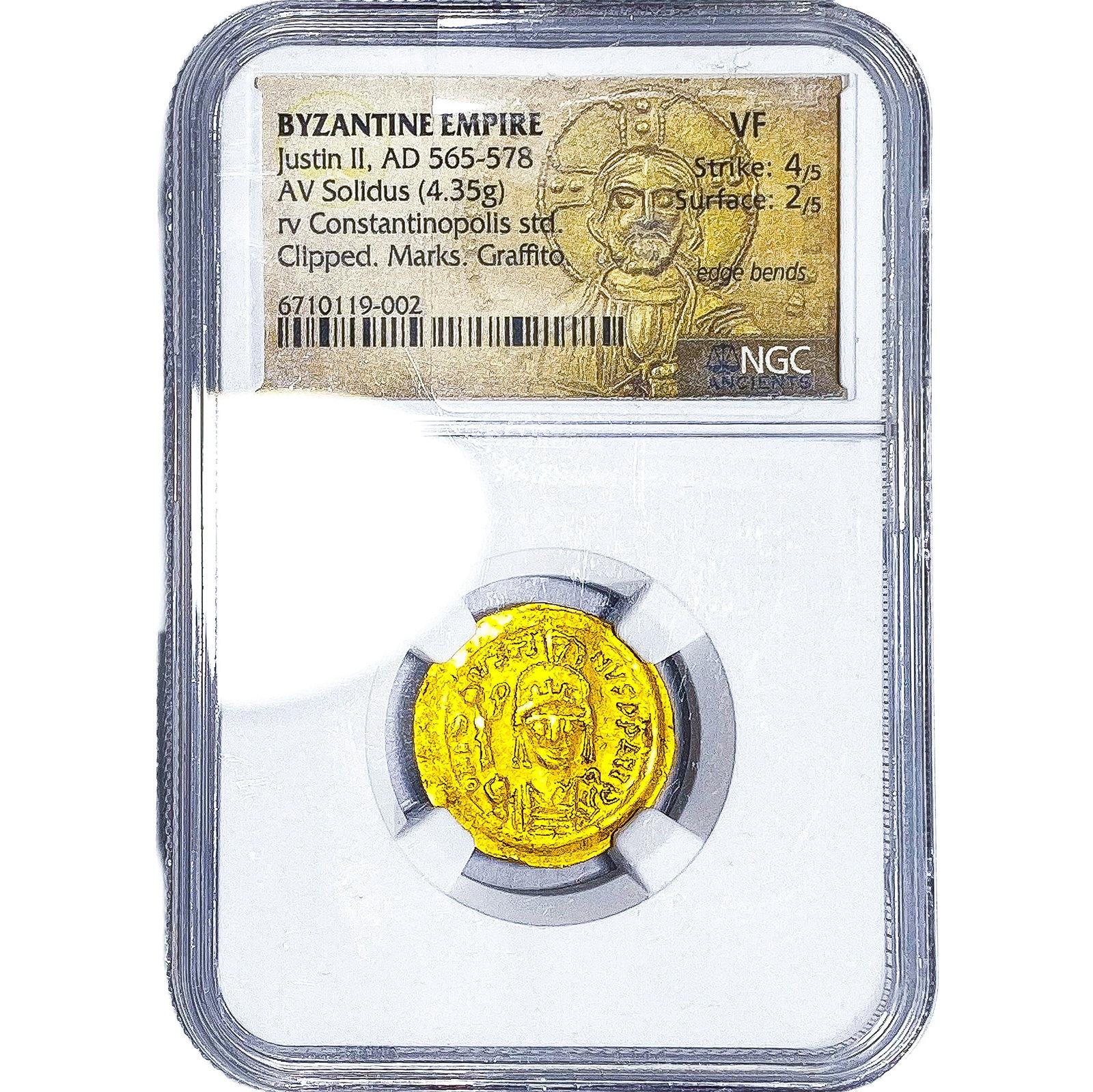 Byzantine Empire Justin II, AD 565-578 NGC VF: Byzantine Empire Justin II, AD 565-578 NGC VF