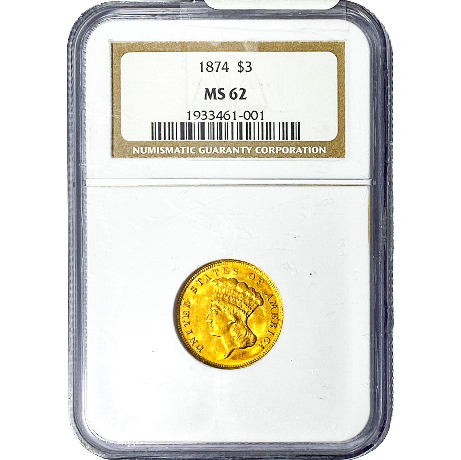 1874 $3 Gold Piece NGC MS62: 1874 $3 Gold Piece NGC MS62