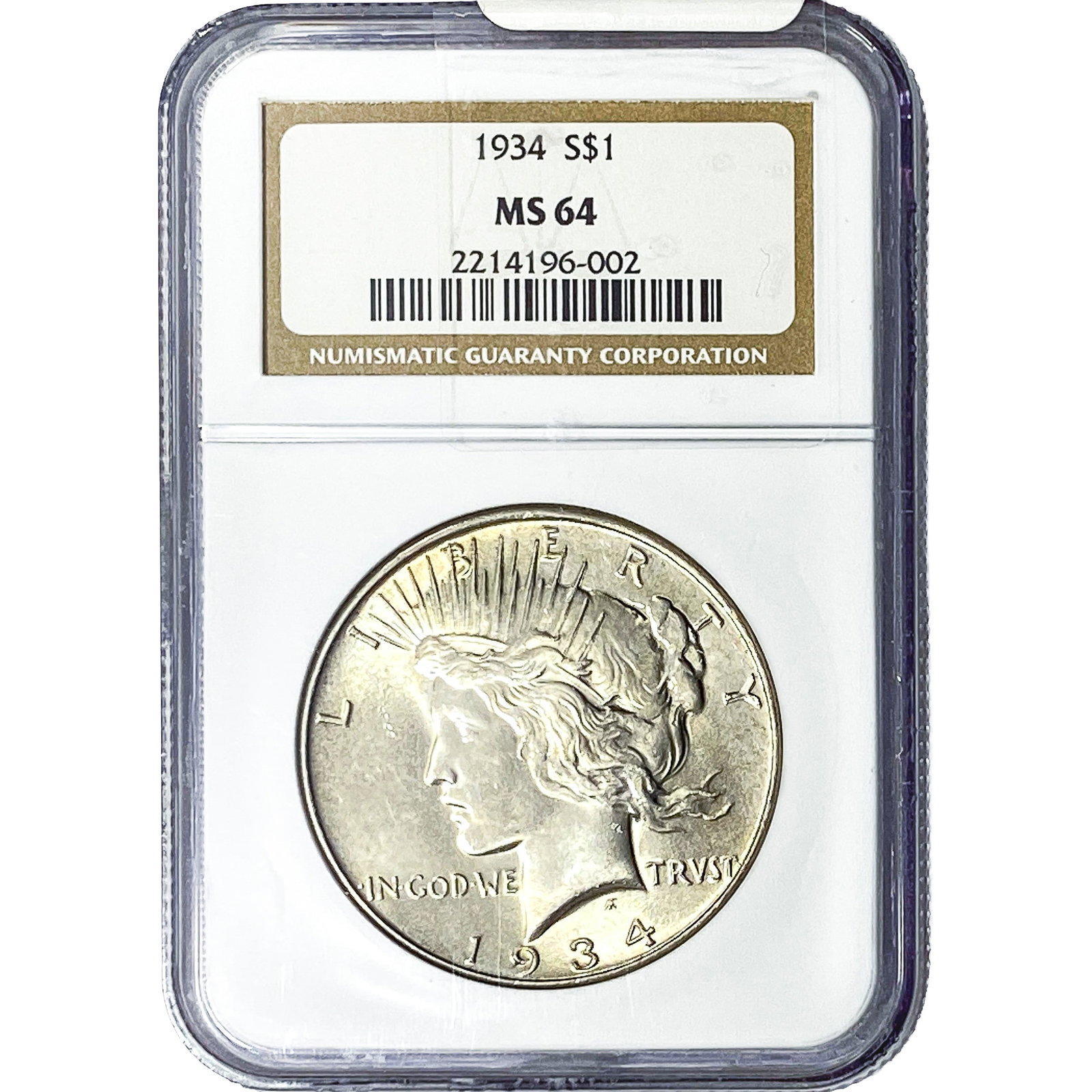 1934 Silver Peace Dollar NGC MS64: 1934 Silver Peace Dollar NGC MS64