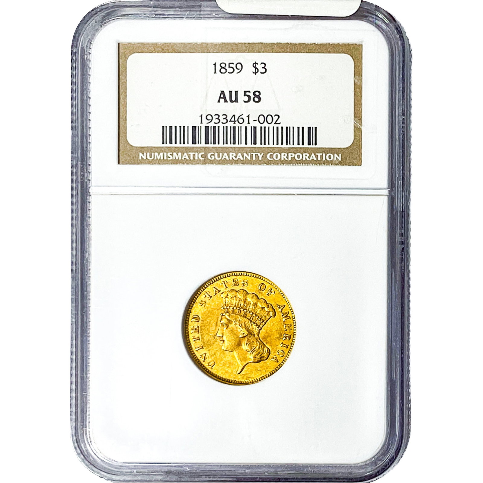 1859 $3 Gold Piece NGC AU58: 1859 $3 Gold Piece NGC AU58