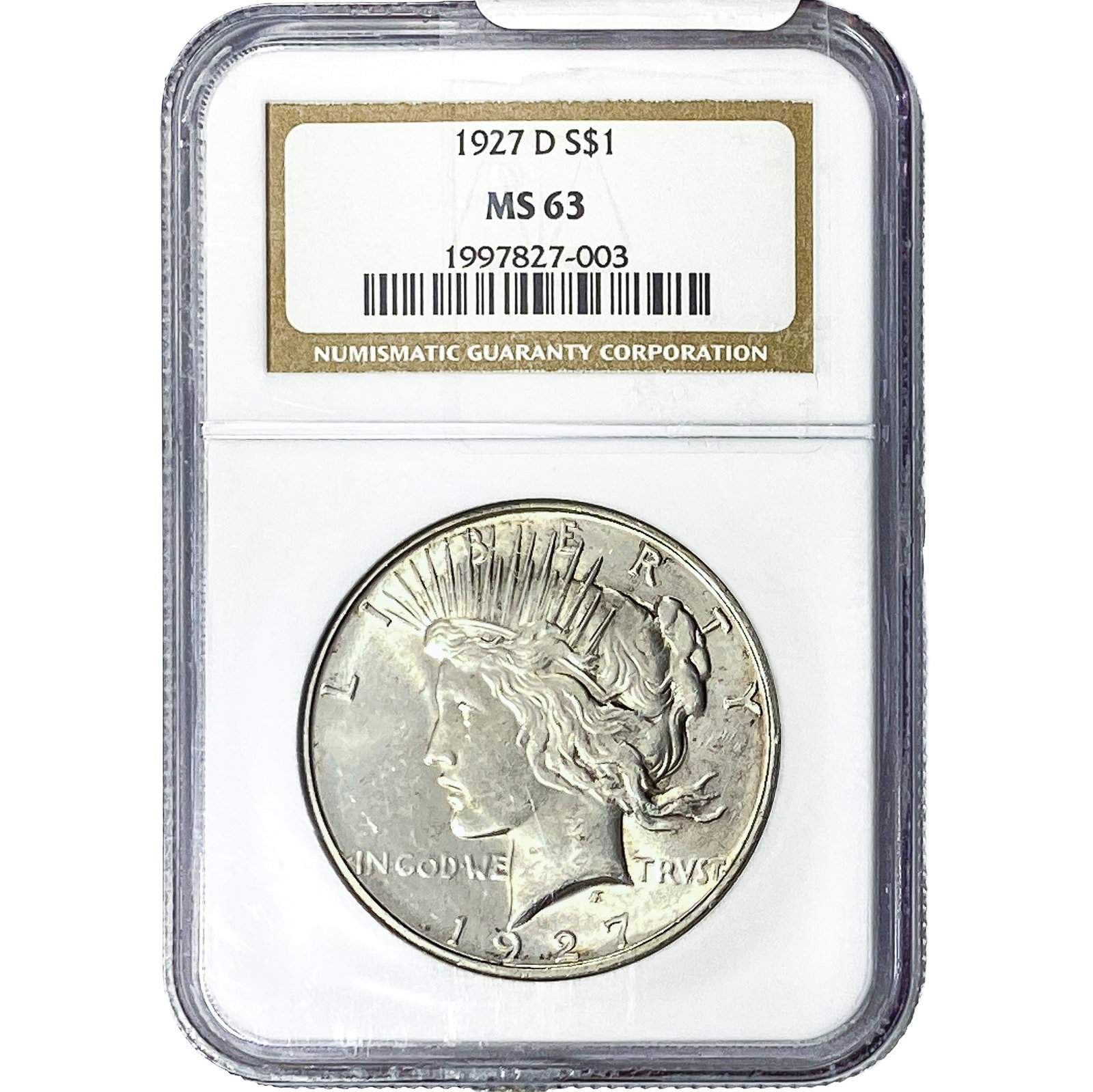 1927-D Silver Peace Dollar NGC MS63: 1927-D Silver Peace Dollar NGC MS63