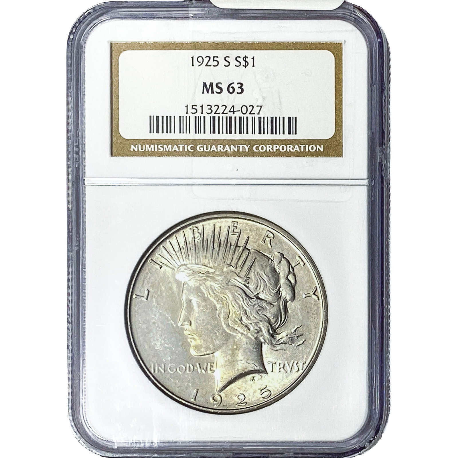 1925-S Silver Peace Dollar NGC MS63: 1925-S Silver Peace Dollar NGC MS63