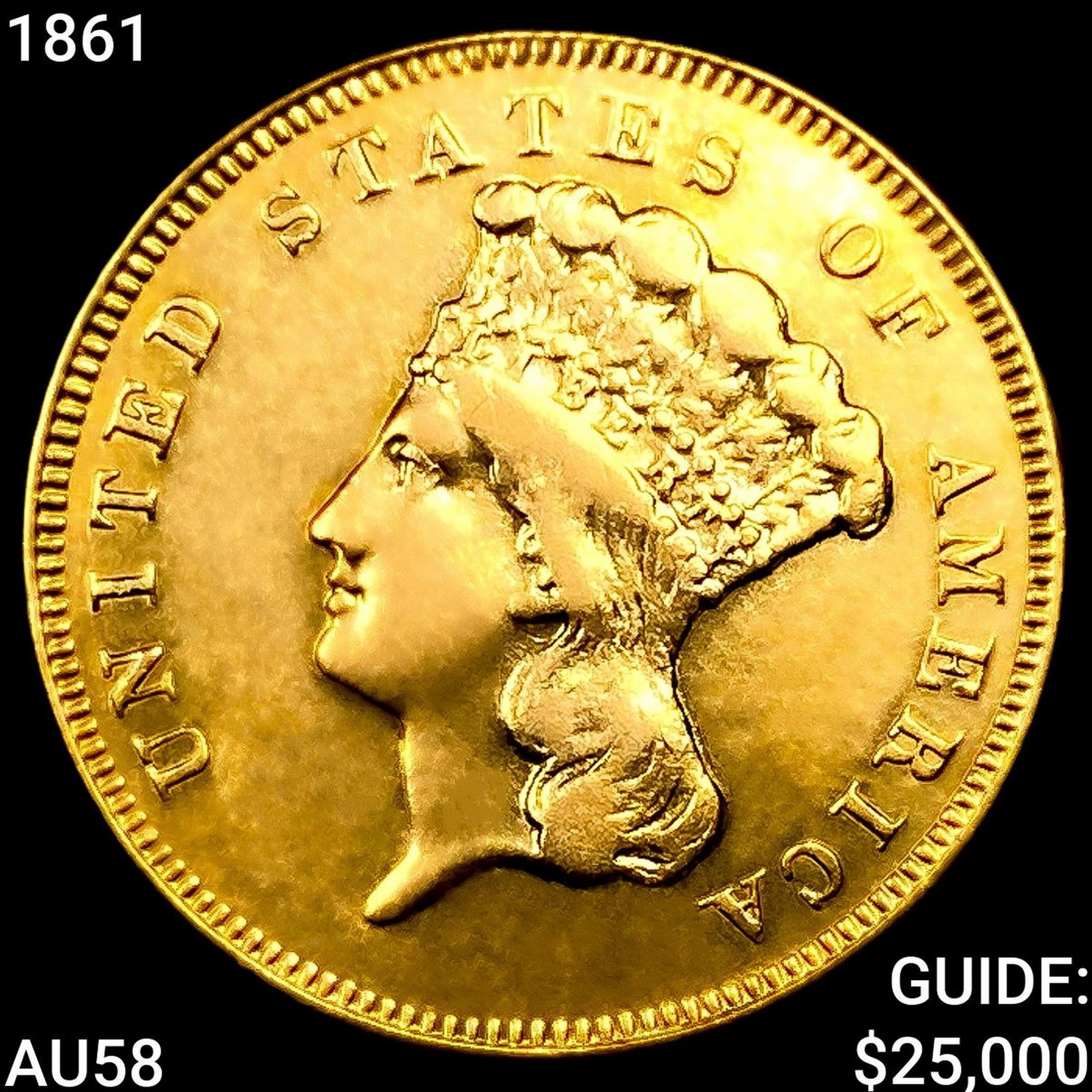 1861 $3 Gold Piece CHOICE AU: 1861 $3 Gold Piece CHOICE AU