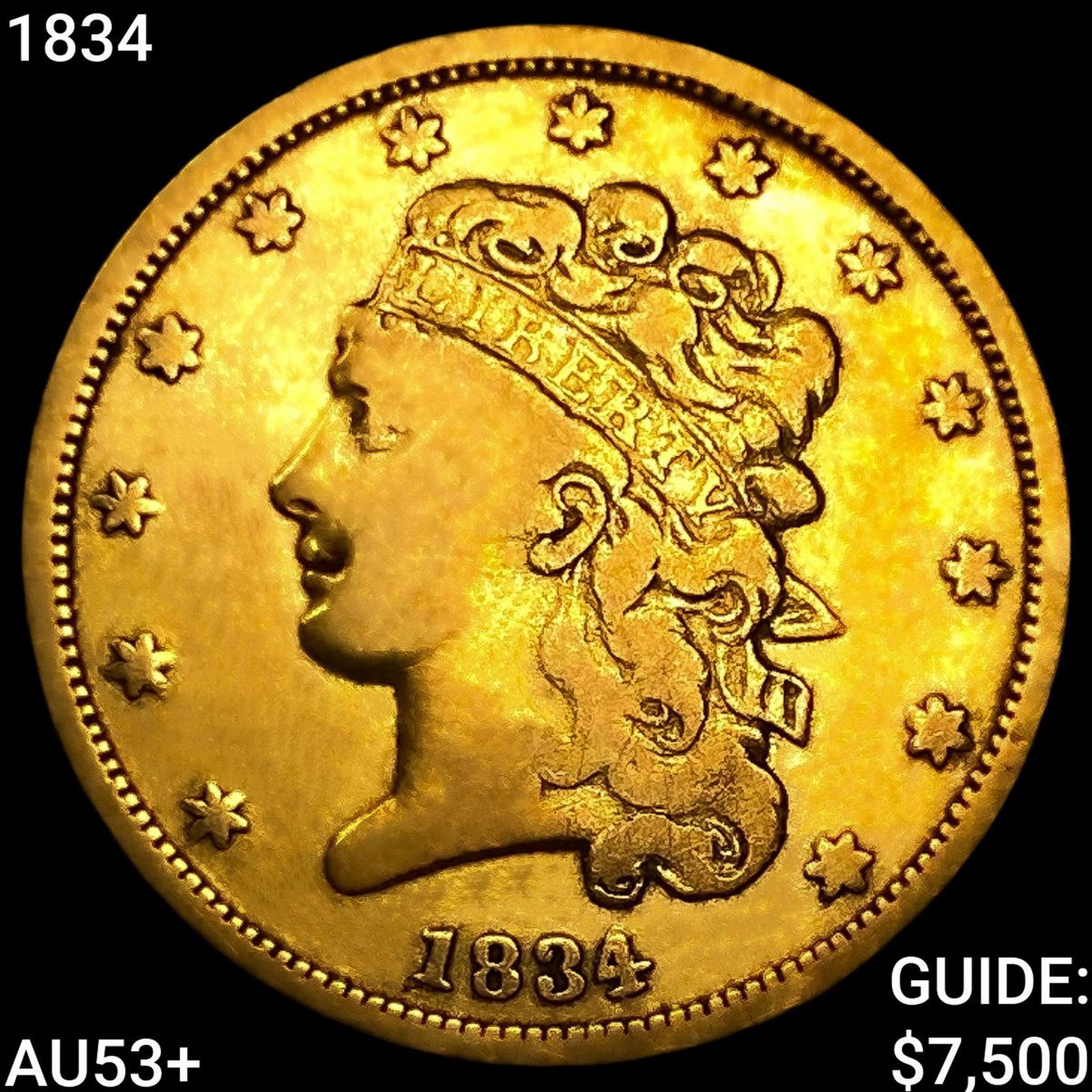 1834 $5 Gold Half Eagle CLOSELY UNCIRCULATED+: 1834 $5 Gold Half Eagle CLOSELY UNCIRCULATED+