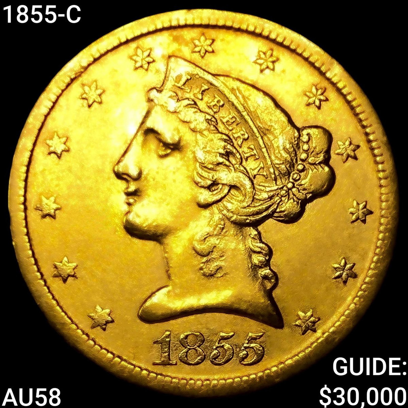 1855-C $5 Gold Half Eagle CHOICE AU: 1855-C $5 Gold Half Eagle CHOICE AU