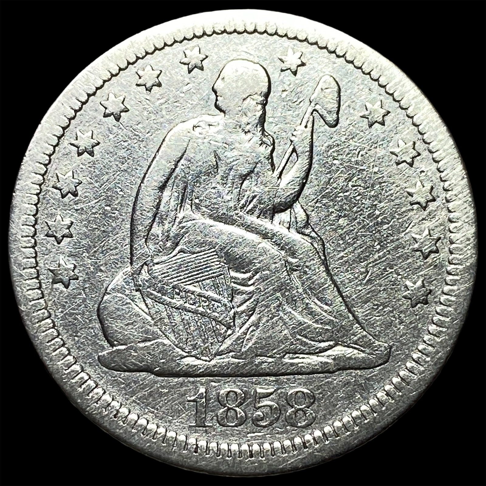 1858 Silver Seated Liberty Quarter NEARLY UNCIRCULATED: 1858 Silver Seated Liberty Quarter NEARLY UNCIRCULATED