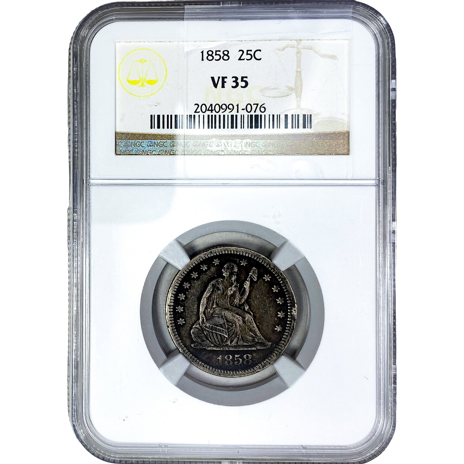 1858 Seated Liberty Quarter NGC VF35: 1858 Seated Liberty Quarter NGC VF35