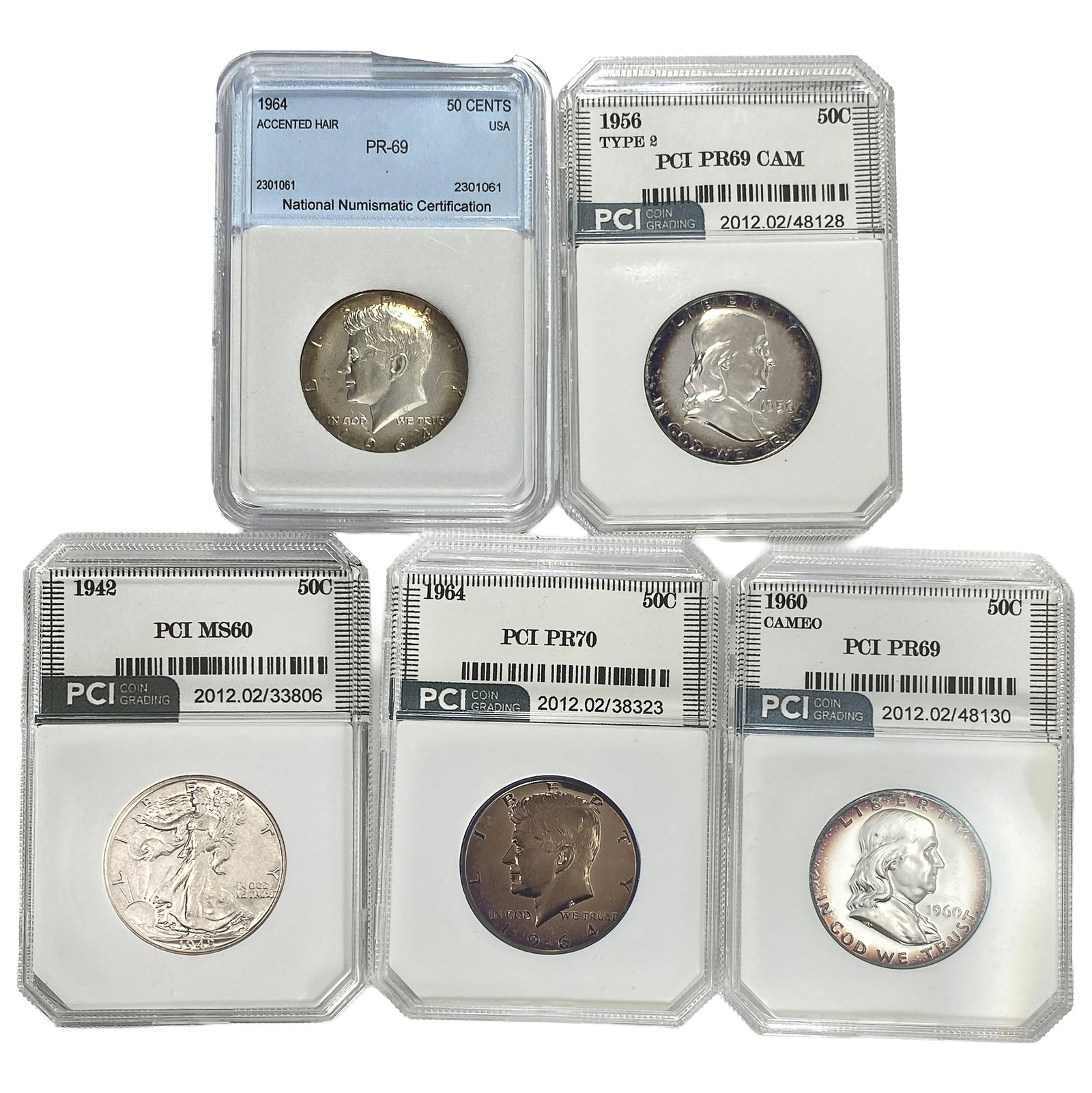 [5 Coins] 1942-1964 Kennedy Half Dollar PR/MS60-70 (1 of 2)