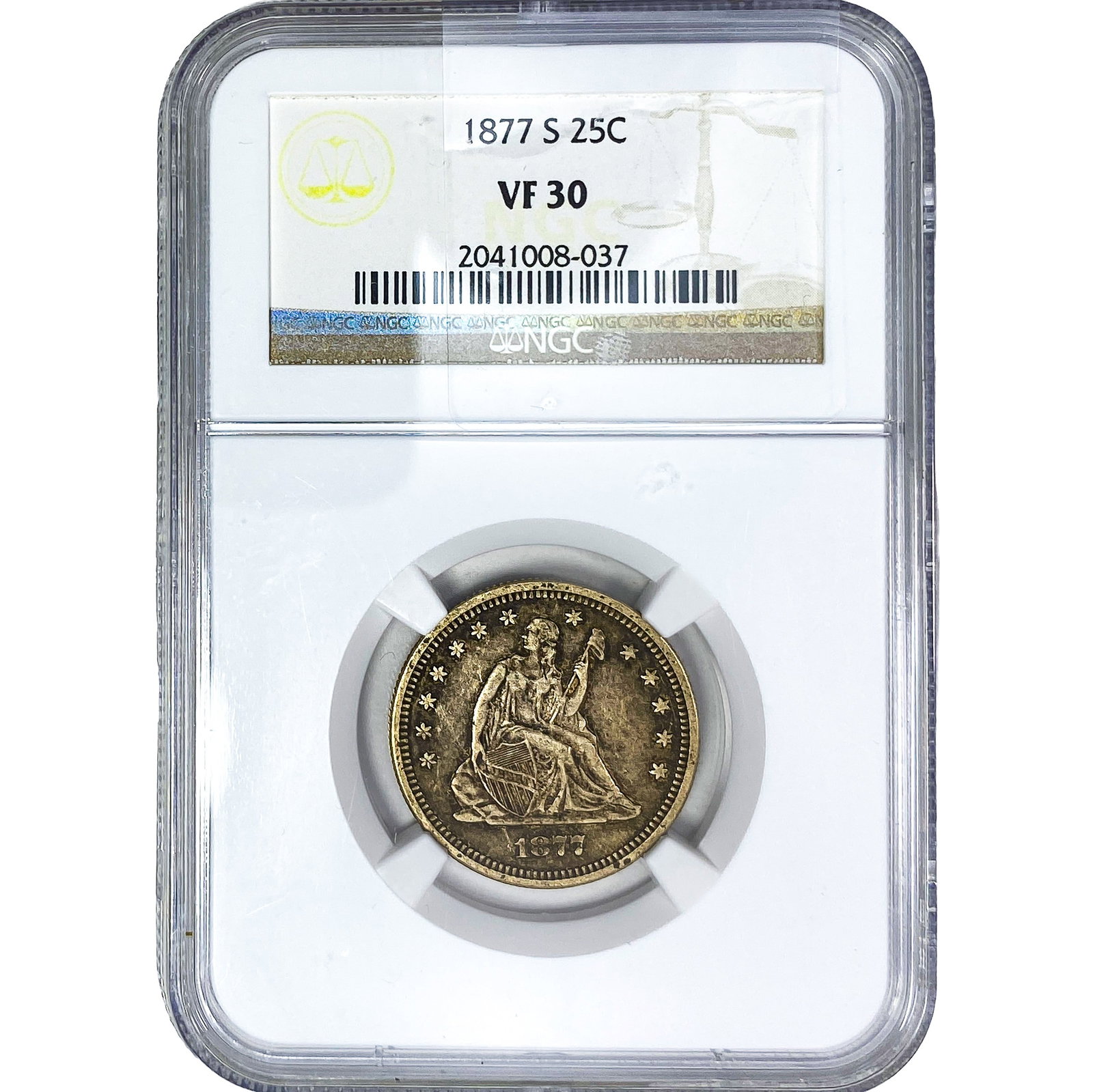 1877-S Seated Liberty Quarter NGC VF30: 1877-S Seated Liberty Quarter NGC VF30