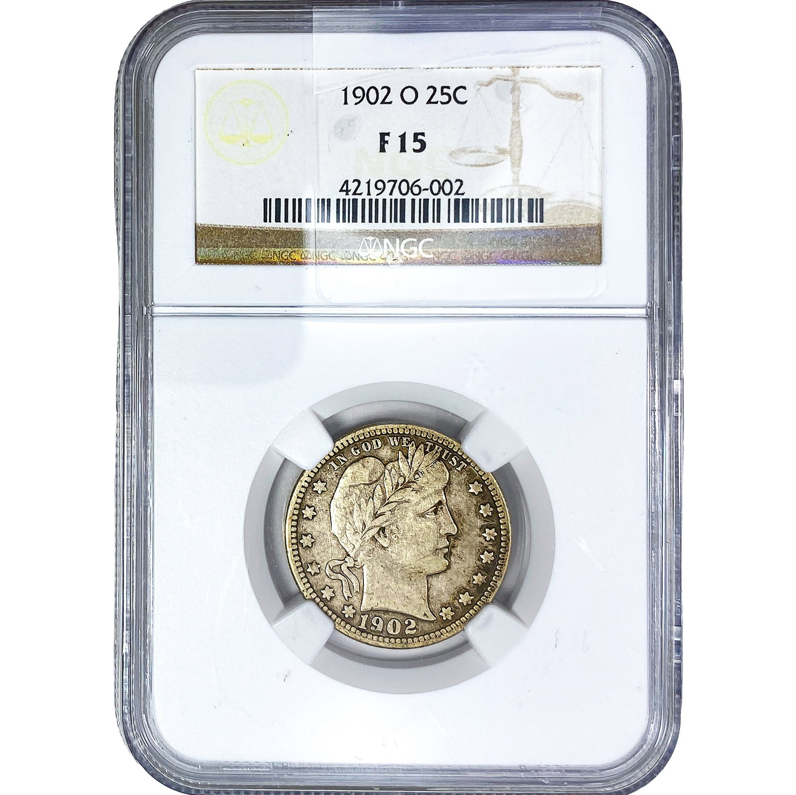 1902-O Barber Quarter NGC F15: 1902-O Barber Quarter NGC F15